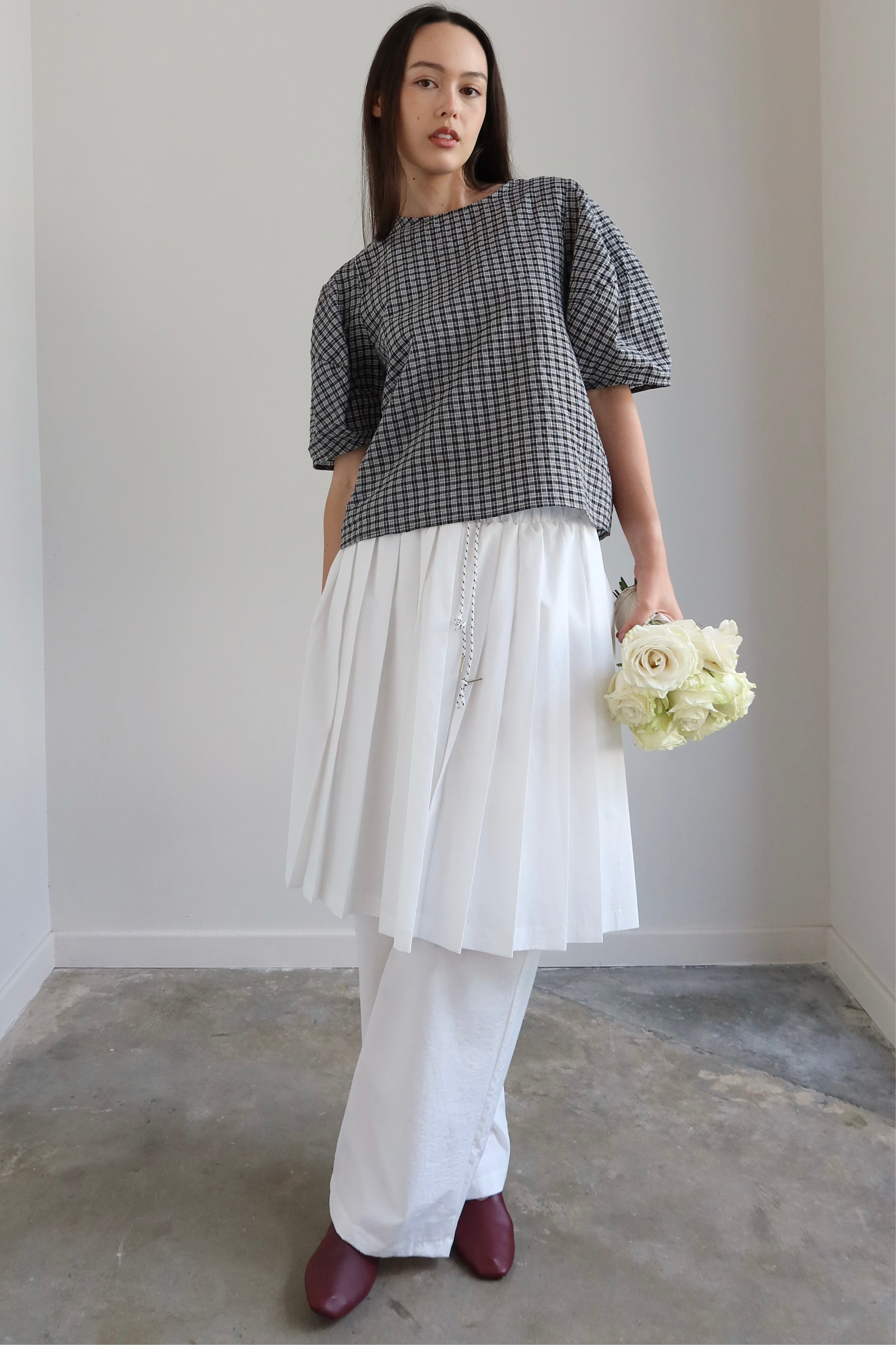 White Cotton Accordion Layered Skirt Pants