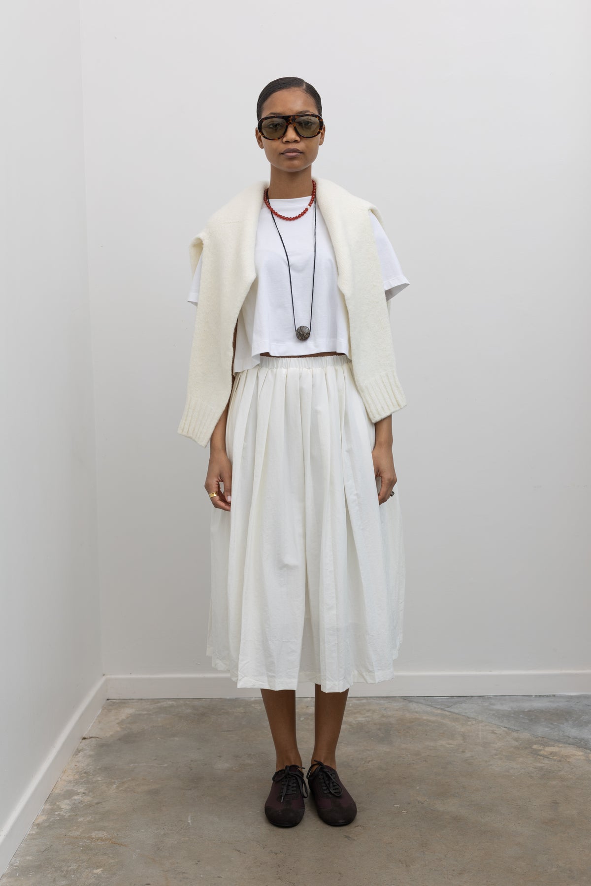 White Nylon Pleated Midi Skirt  alas eius
