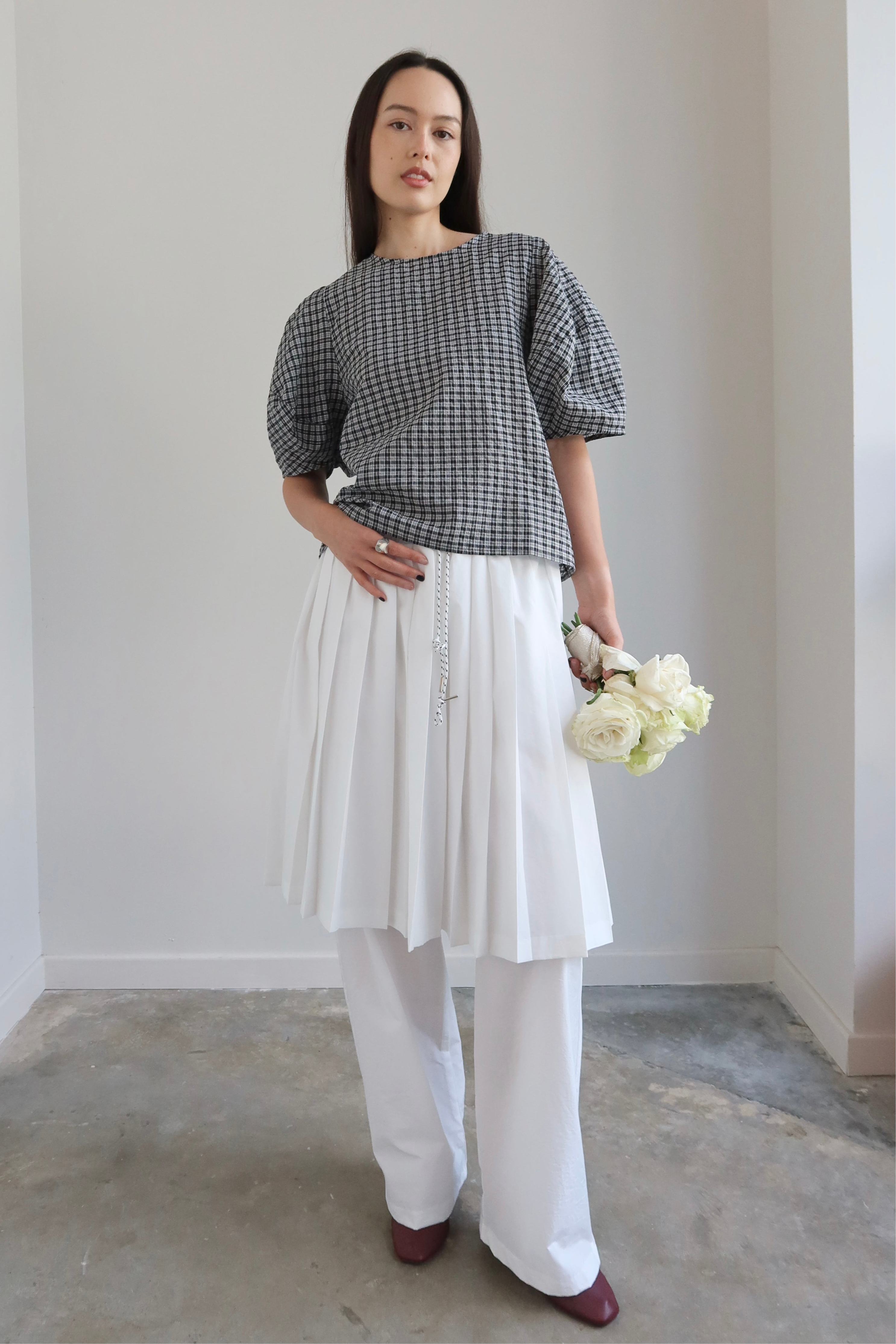White Cotton Accordion Layered Skirt Pants
