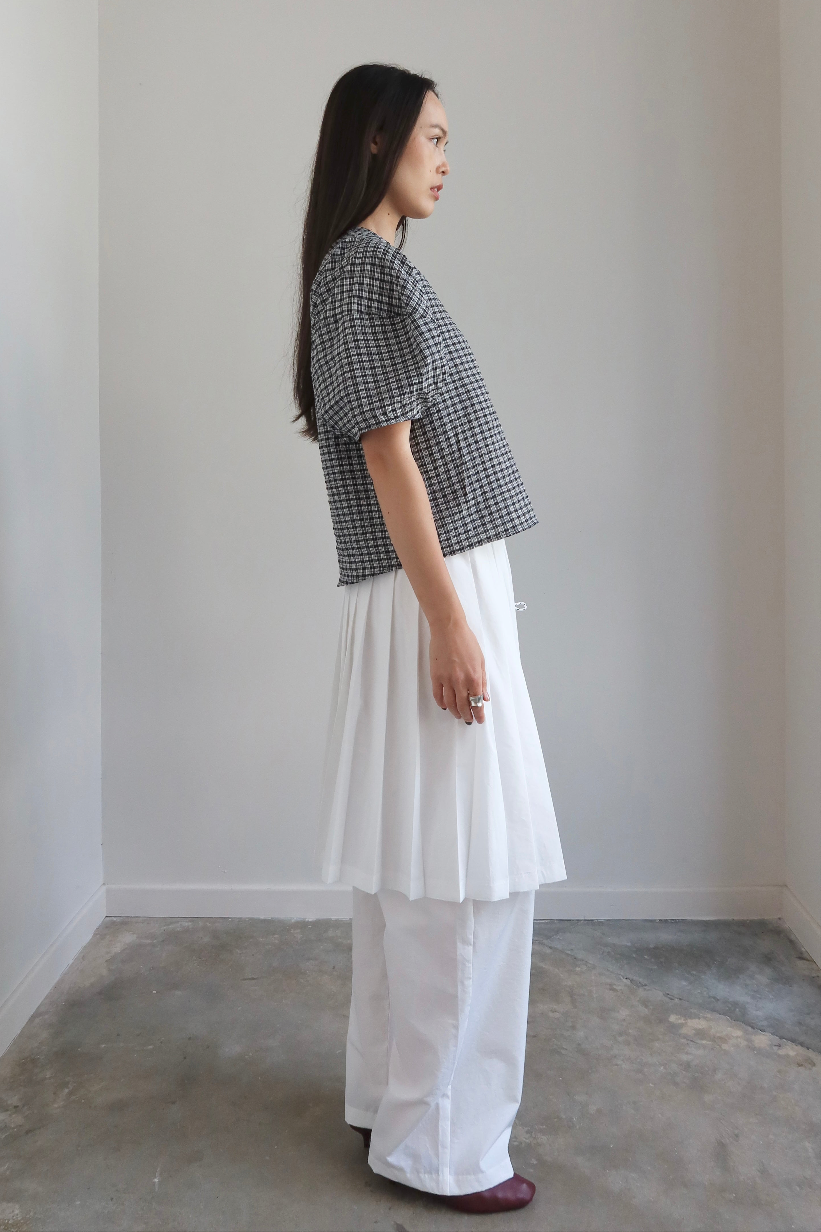 White Cotton Accordion Layered Skirt Pants