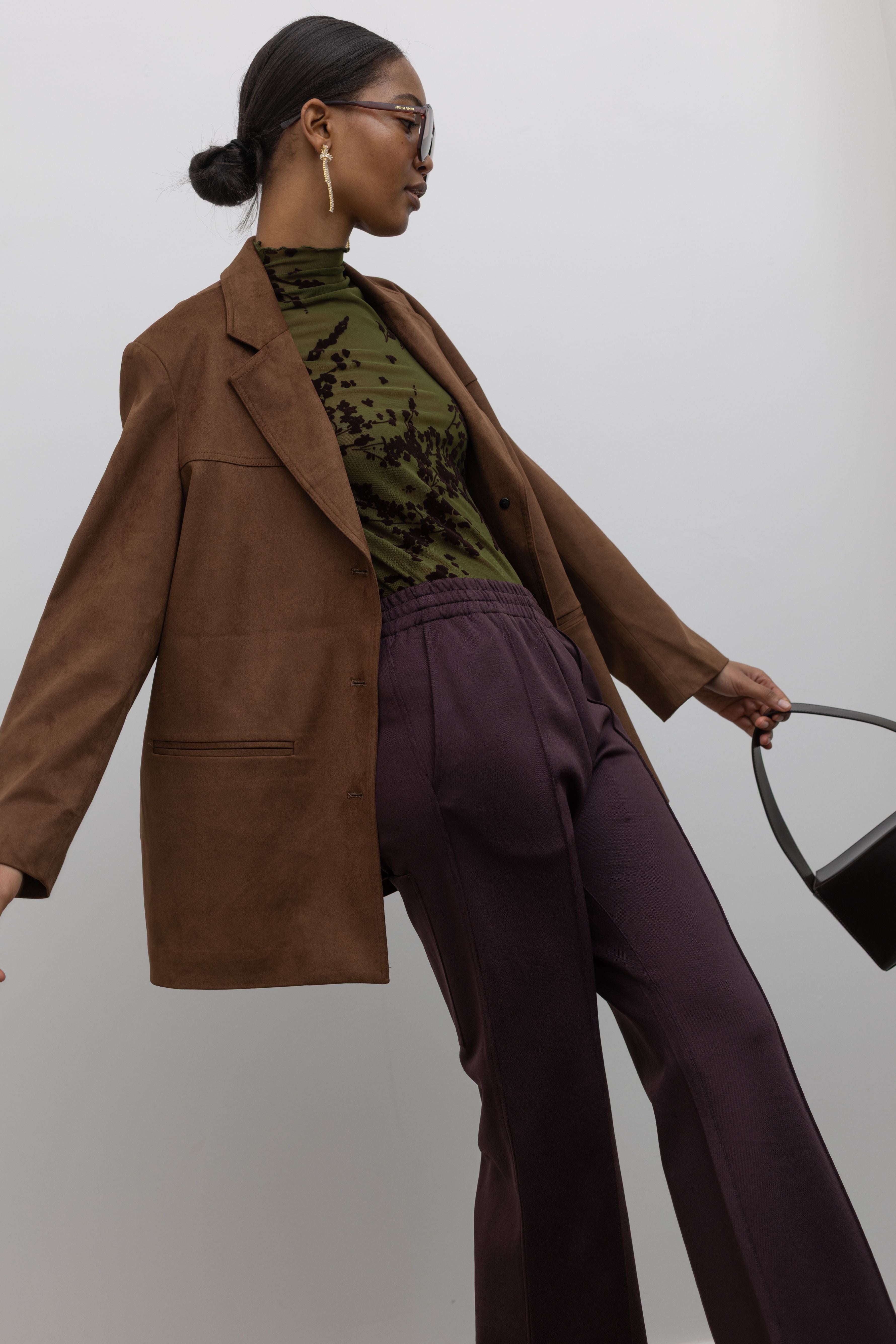 Tibi pants at alas eius styled for fall fashion with a tan suede blazer and mesh turtleneck