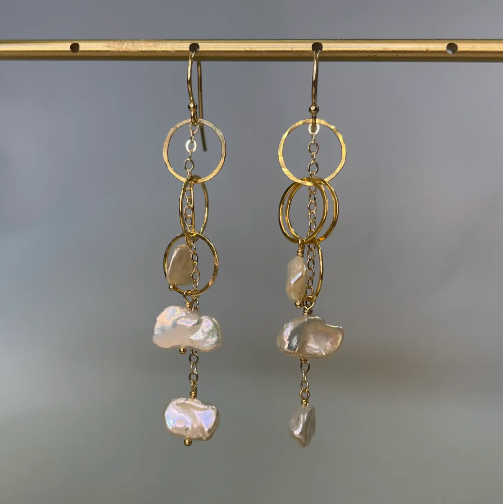 Triple Circle Gold Filled Freshwater Pearl Earrings. Statement Earrings at Alas Eius