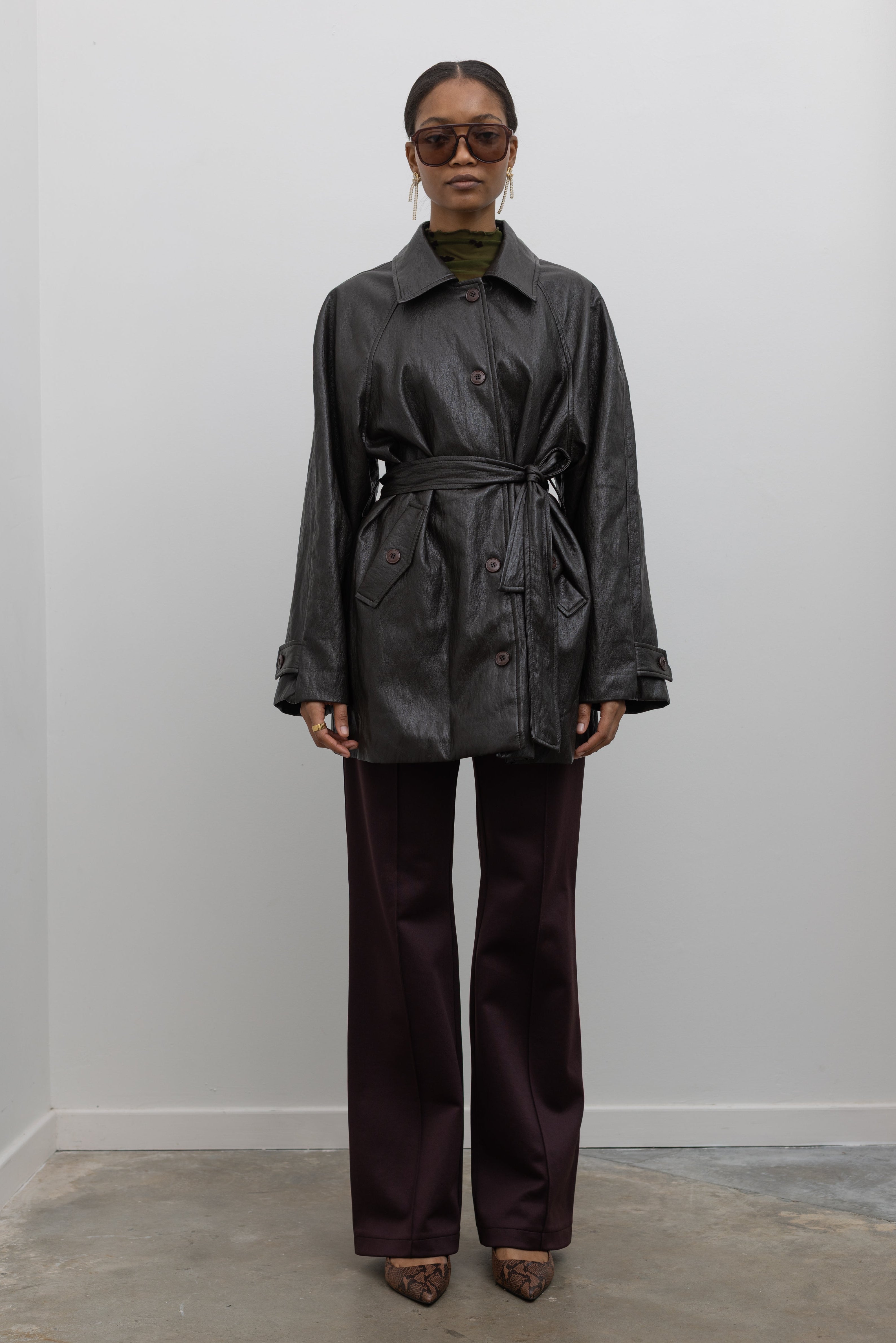 dark brown faux leather belted half trench at alas eius