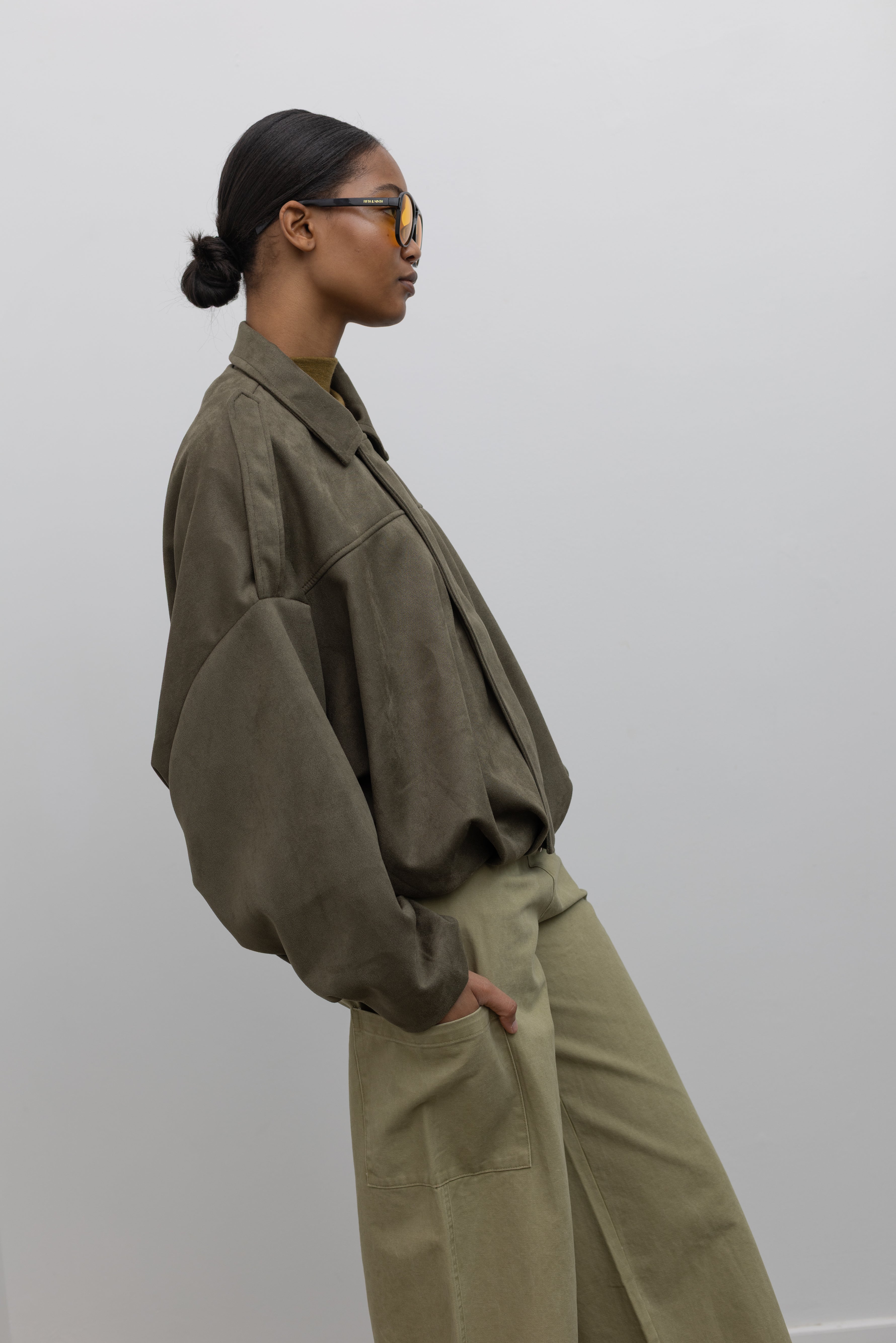 Olive Green Suede Rounded Bomber Jacket