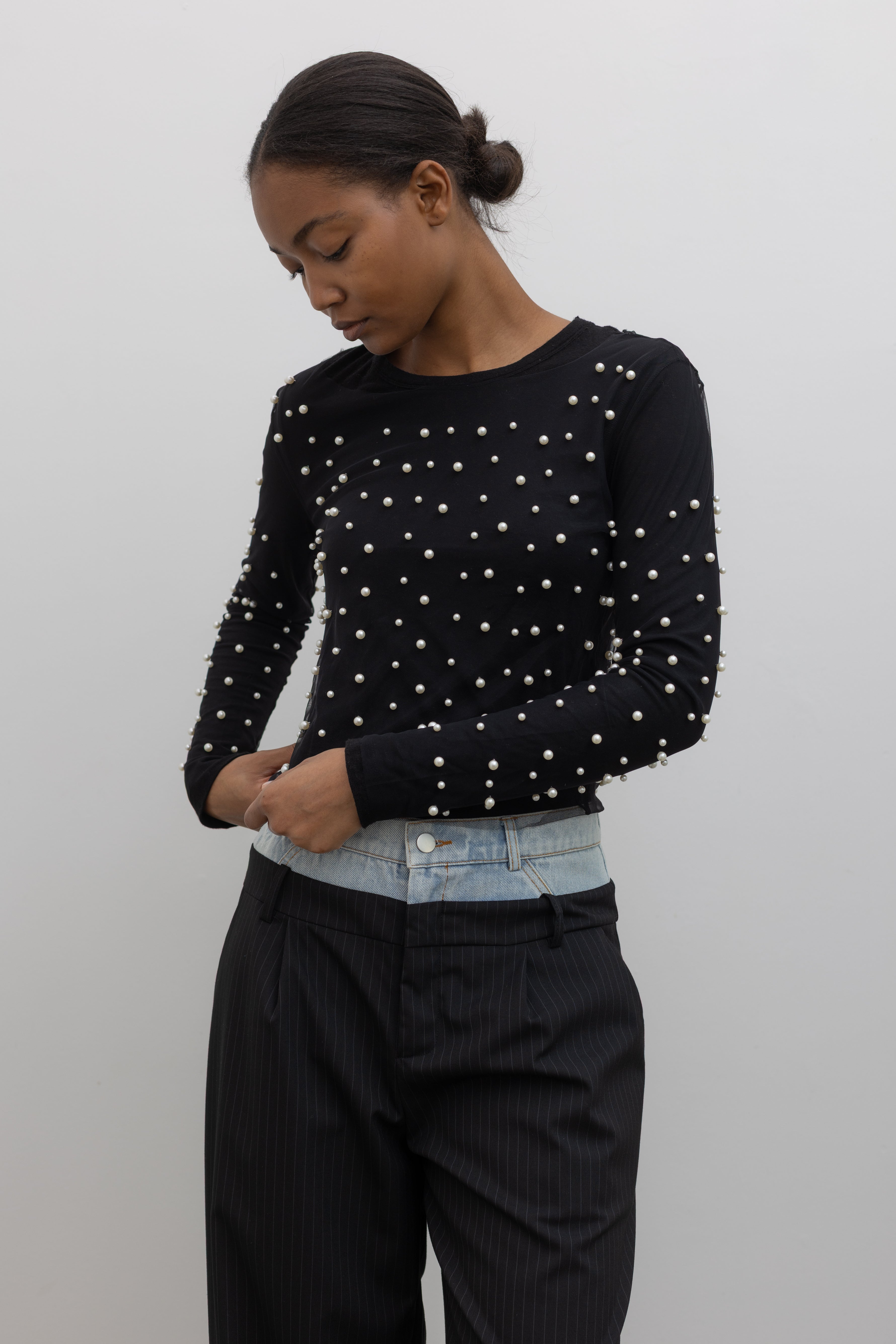 Black Mesh And Pearl Embellished Top