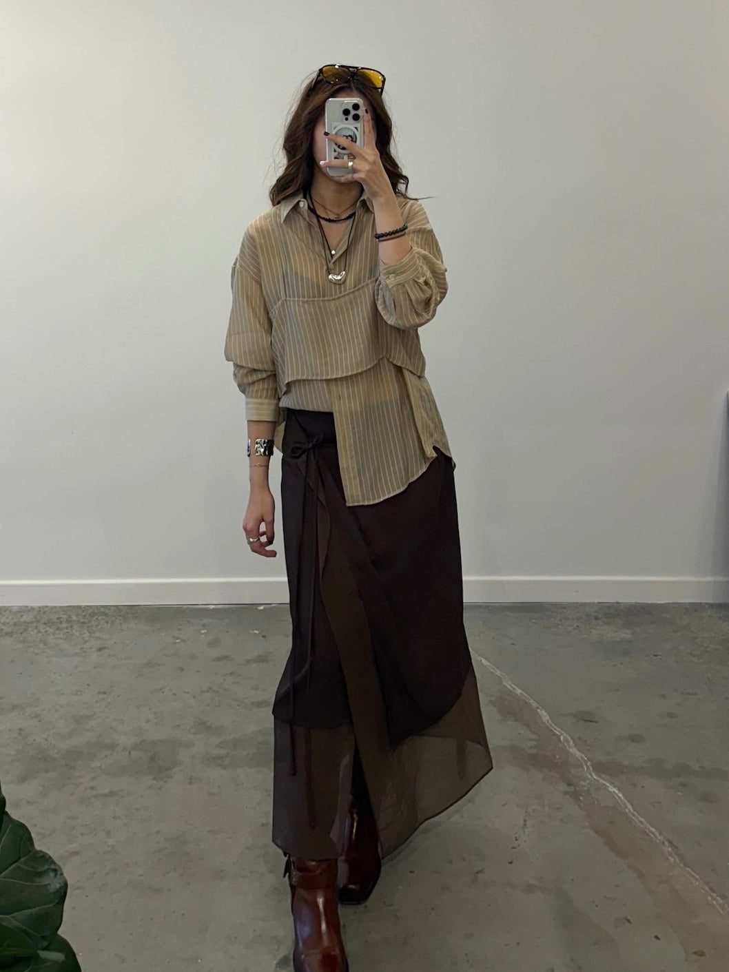 Brown Silky Layered Midi Wrap Skirt