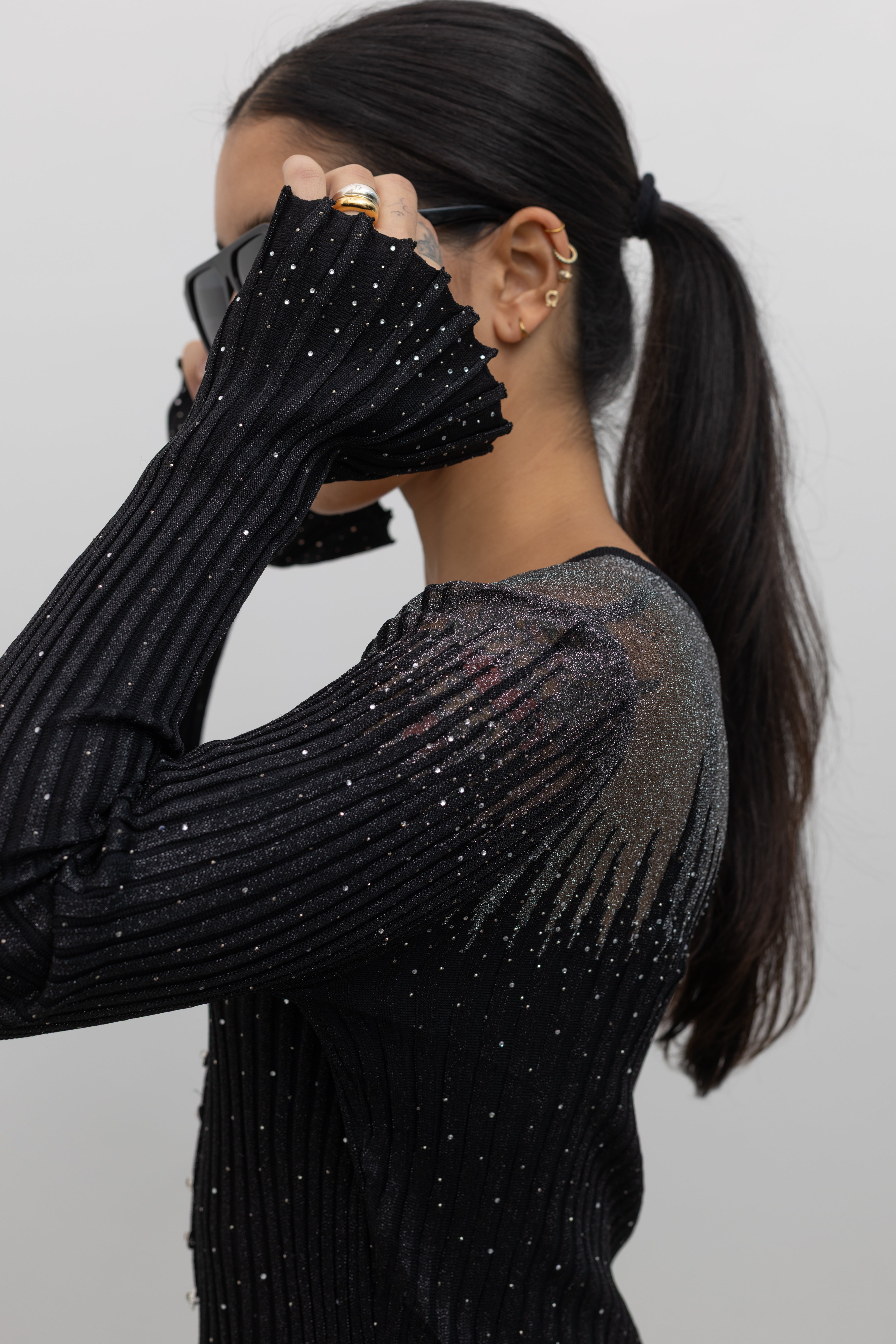 Black Metallic Jeweled Button Down Blouse