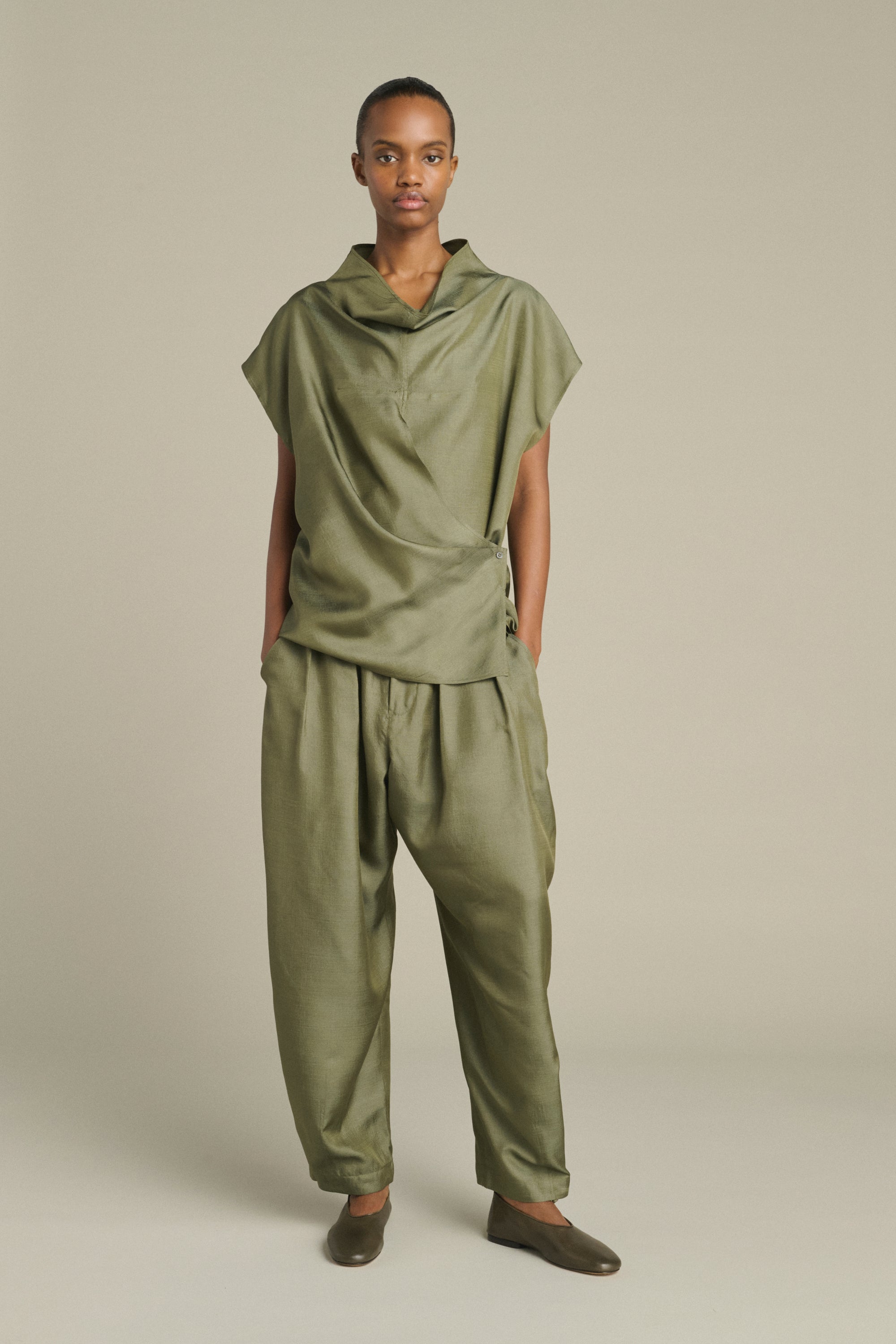Green Vernon Wide Leg Silk Trousers
