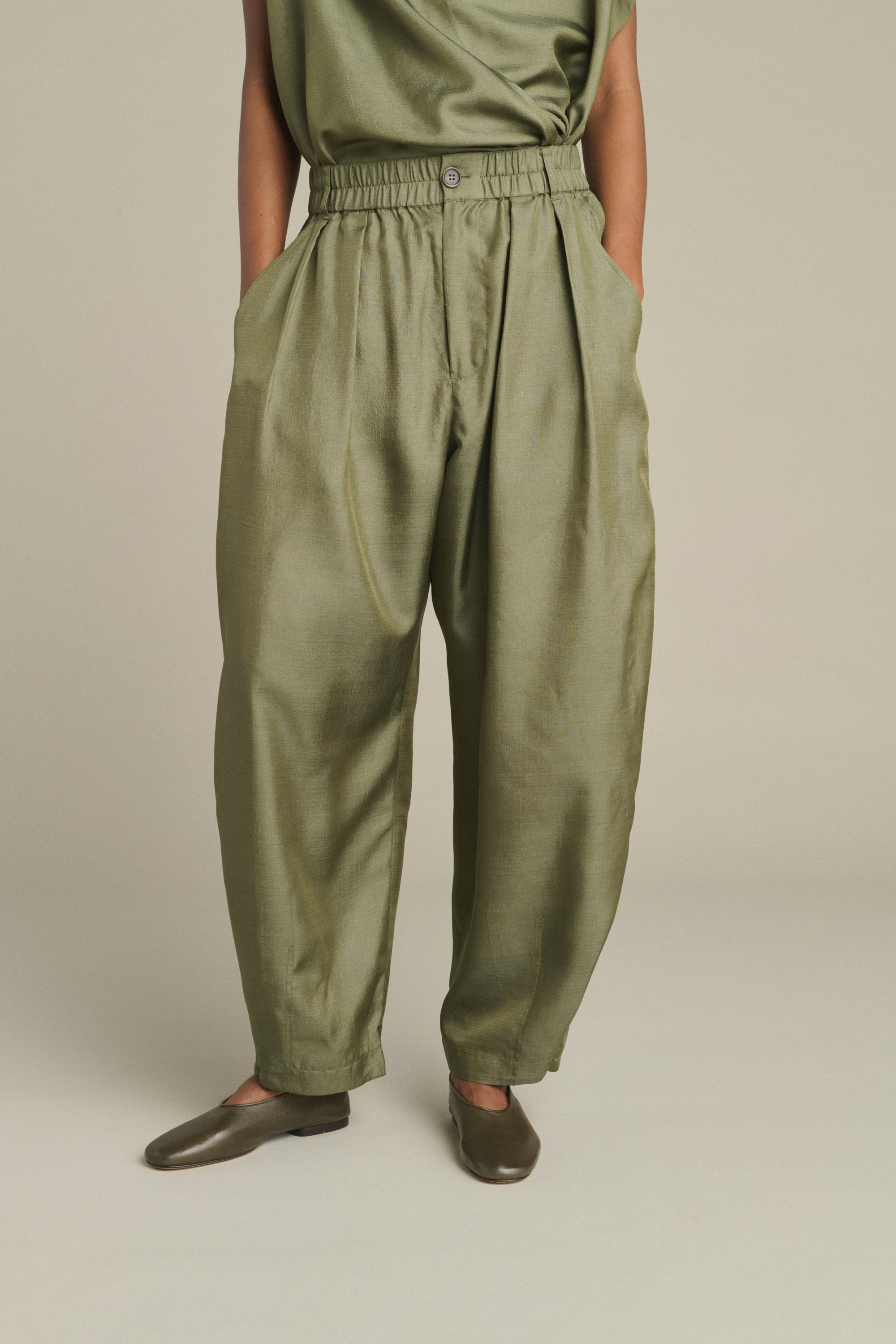 Green Vernon Wide Leg Silk Trousers