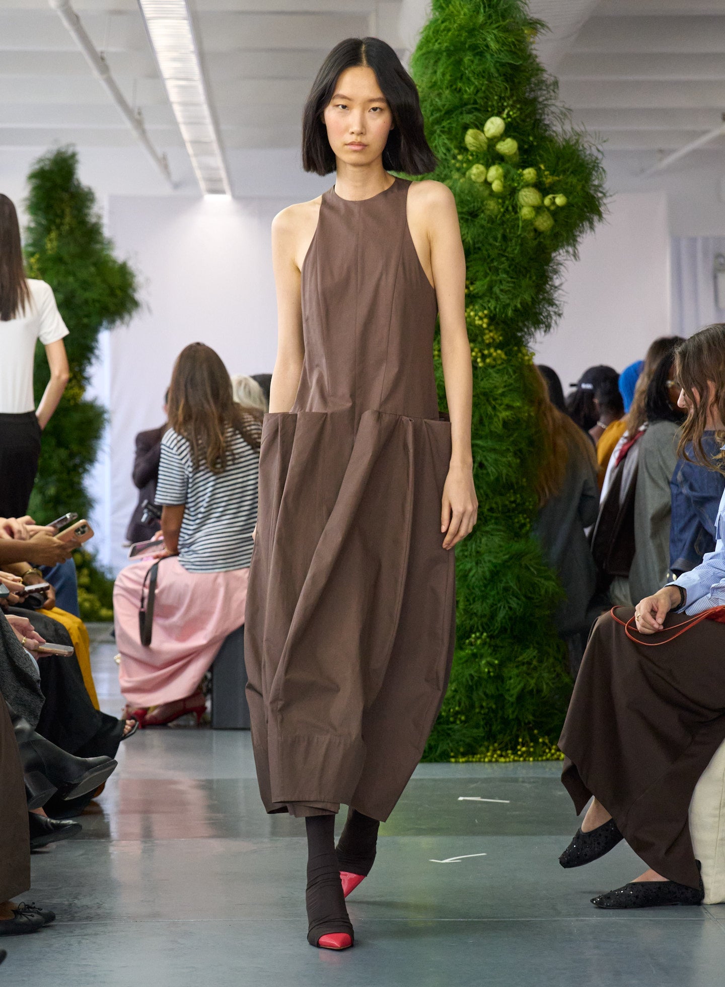 Brown Compact Eco Poplin Pinched Pleat Dress