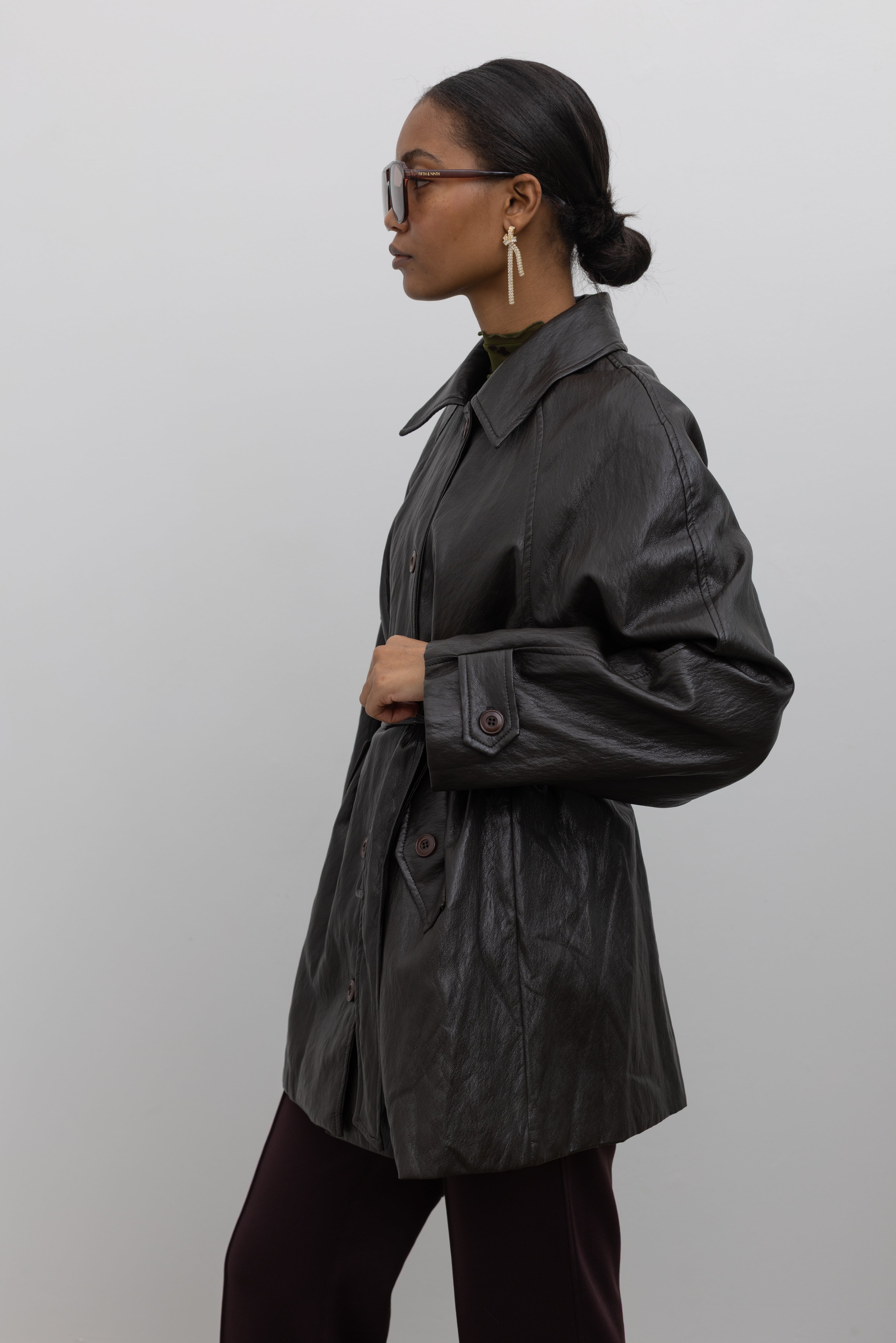 Dark Brown Long Belted Vegan Leather Jacket