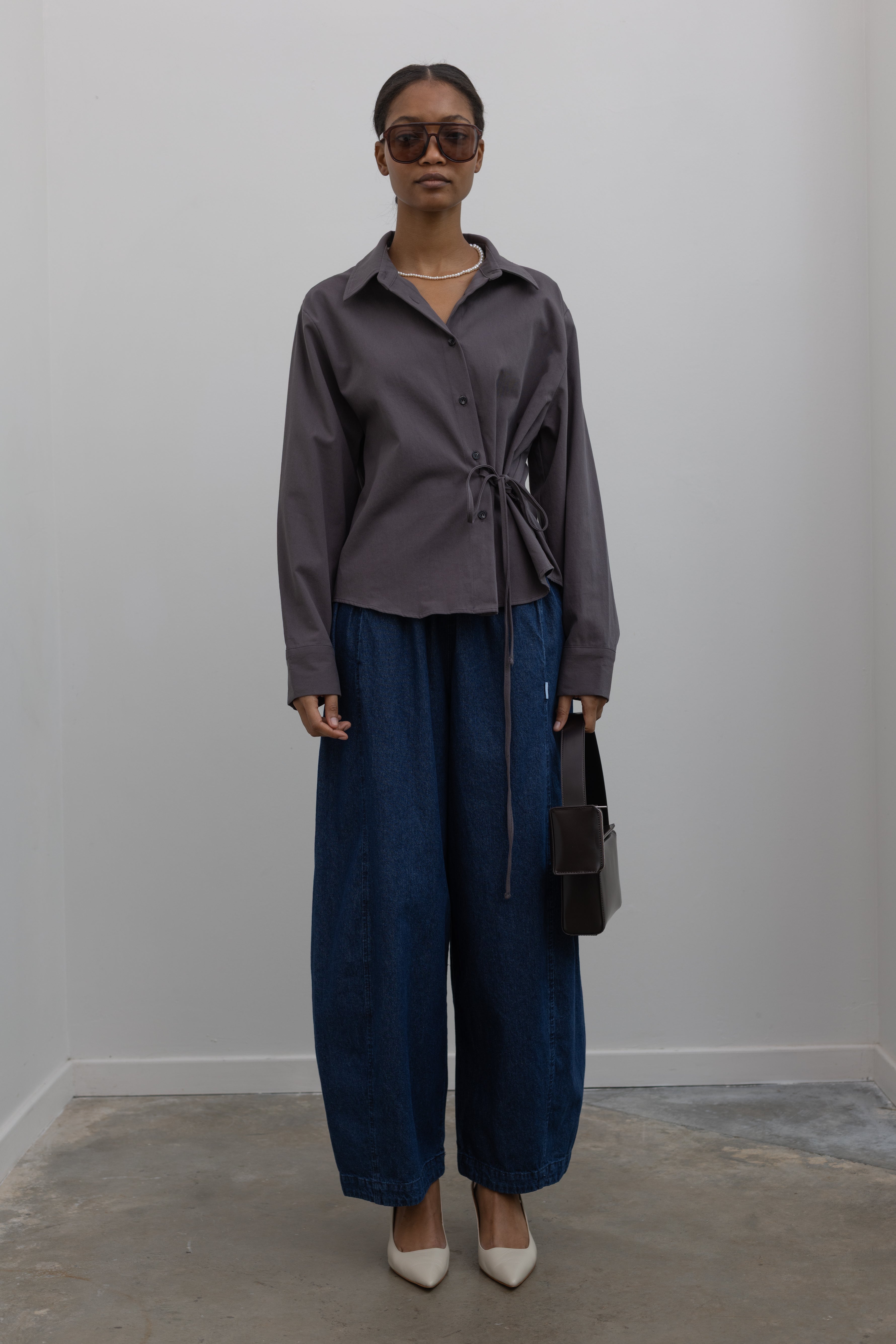 Cinder Side Tie Button Down Top