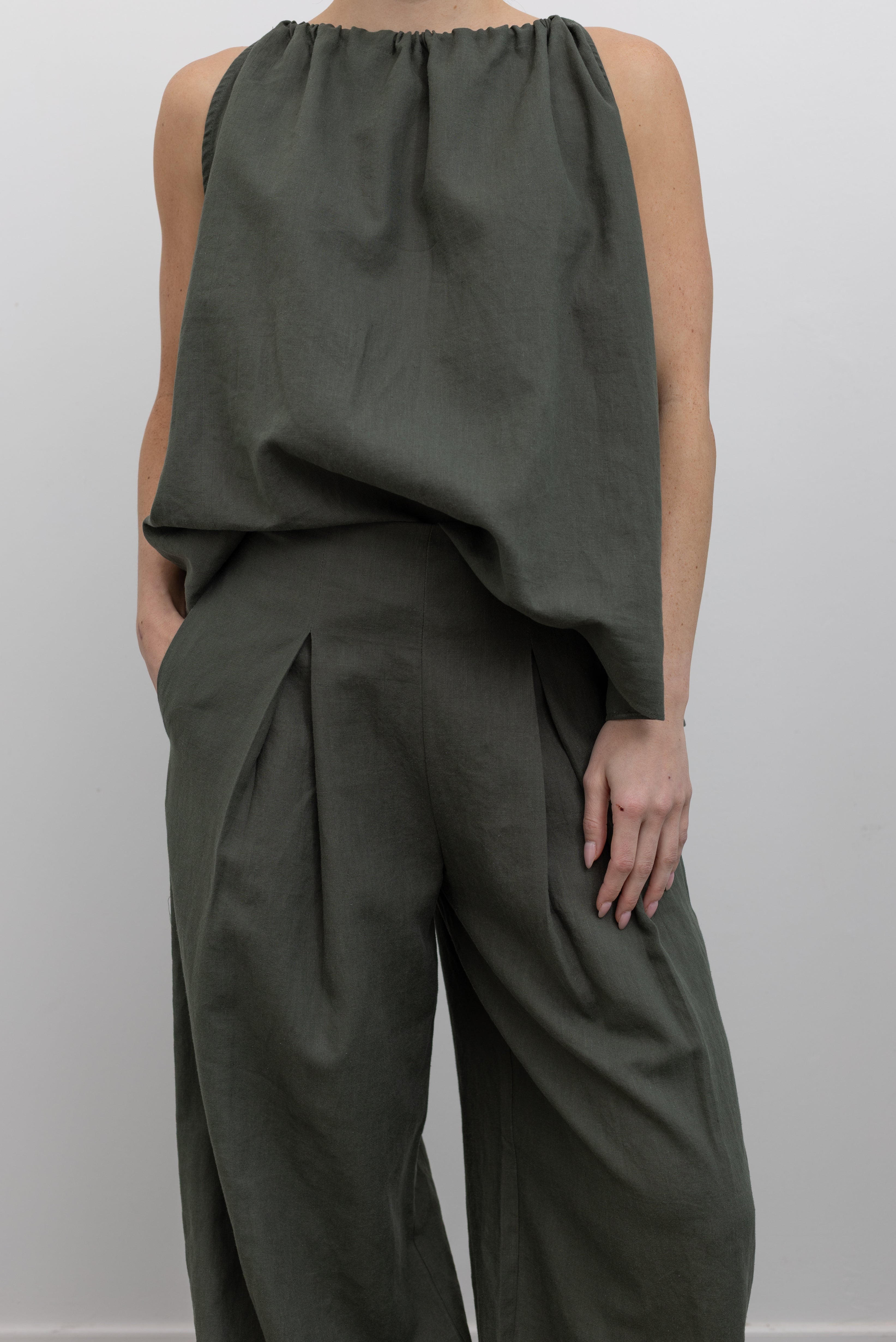 Olive Green Wide Leg Pleated Cotton Pants
