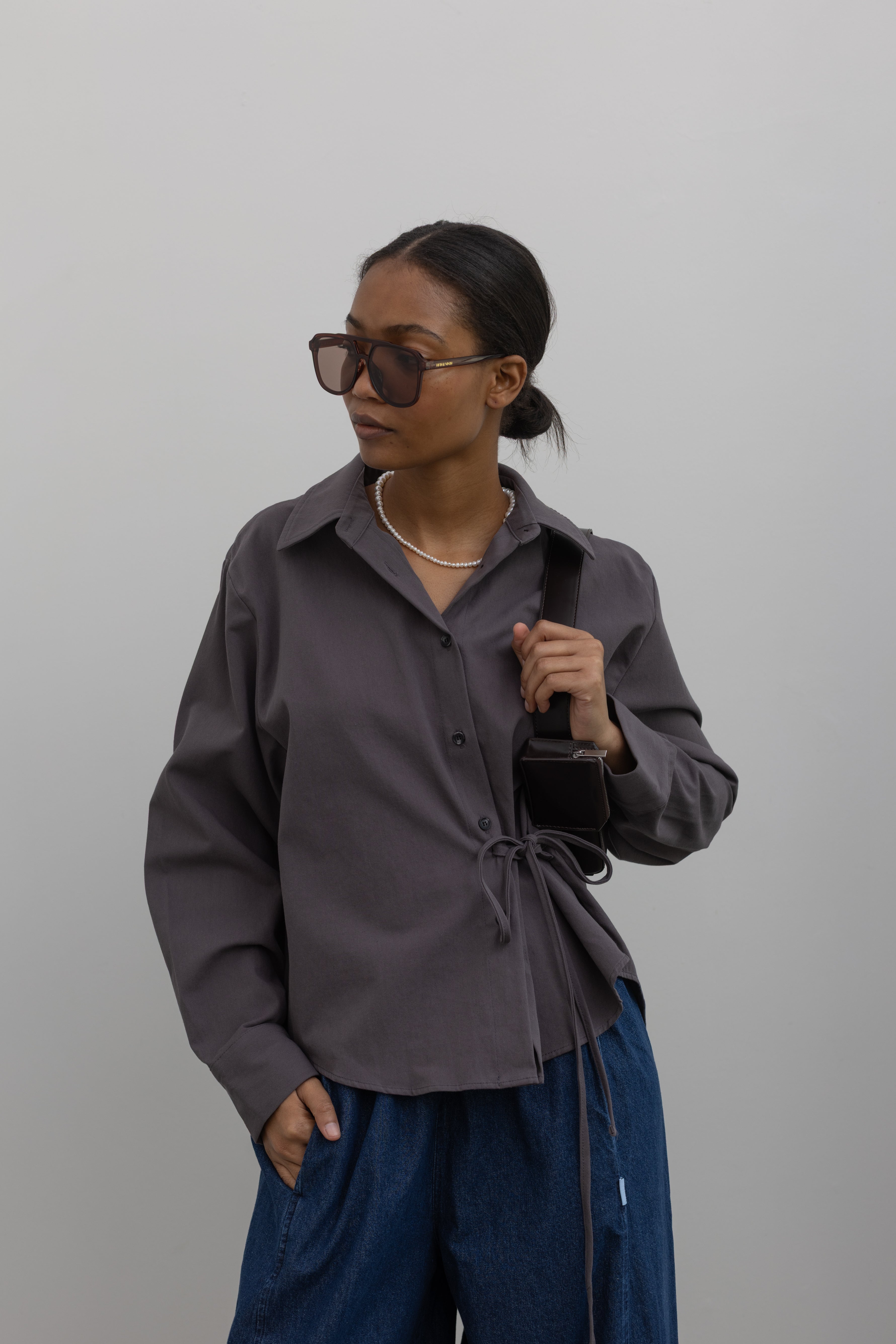 Cinder Side Tie Button Down Top