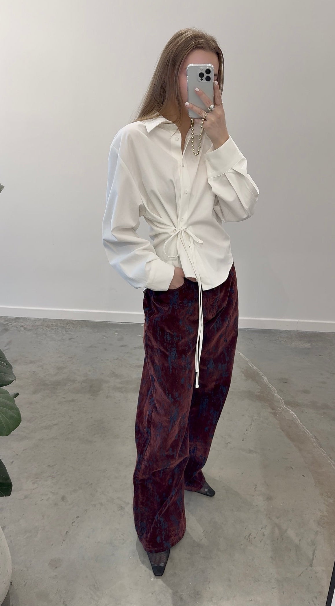 Burgundy Distressed Velvet Wide Leg Jeans