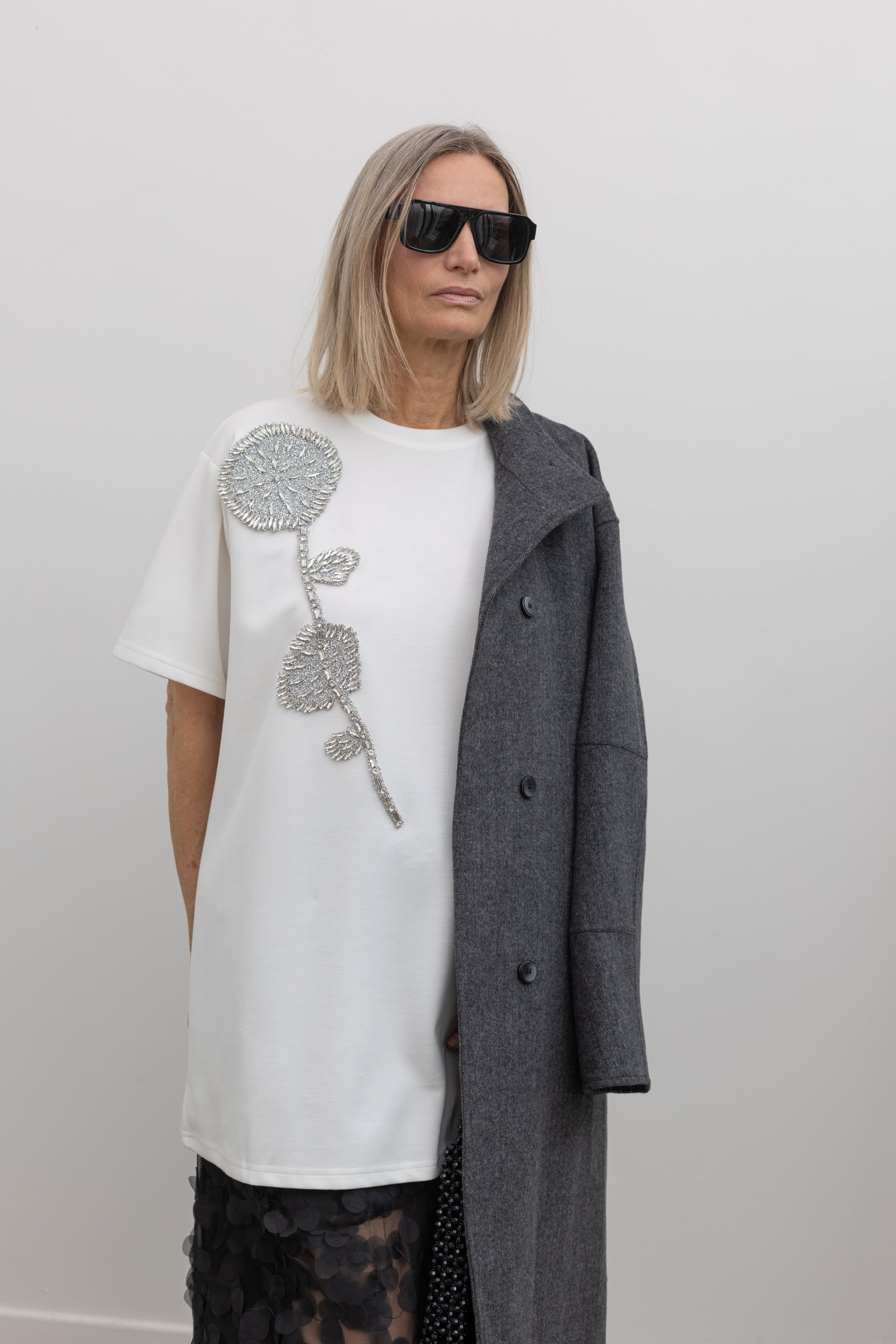 White Beaded Flower Embellished Long Top