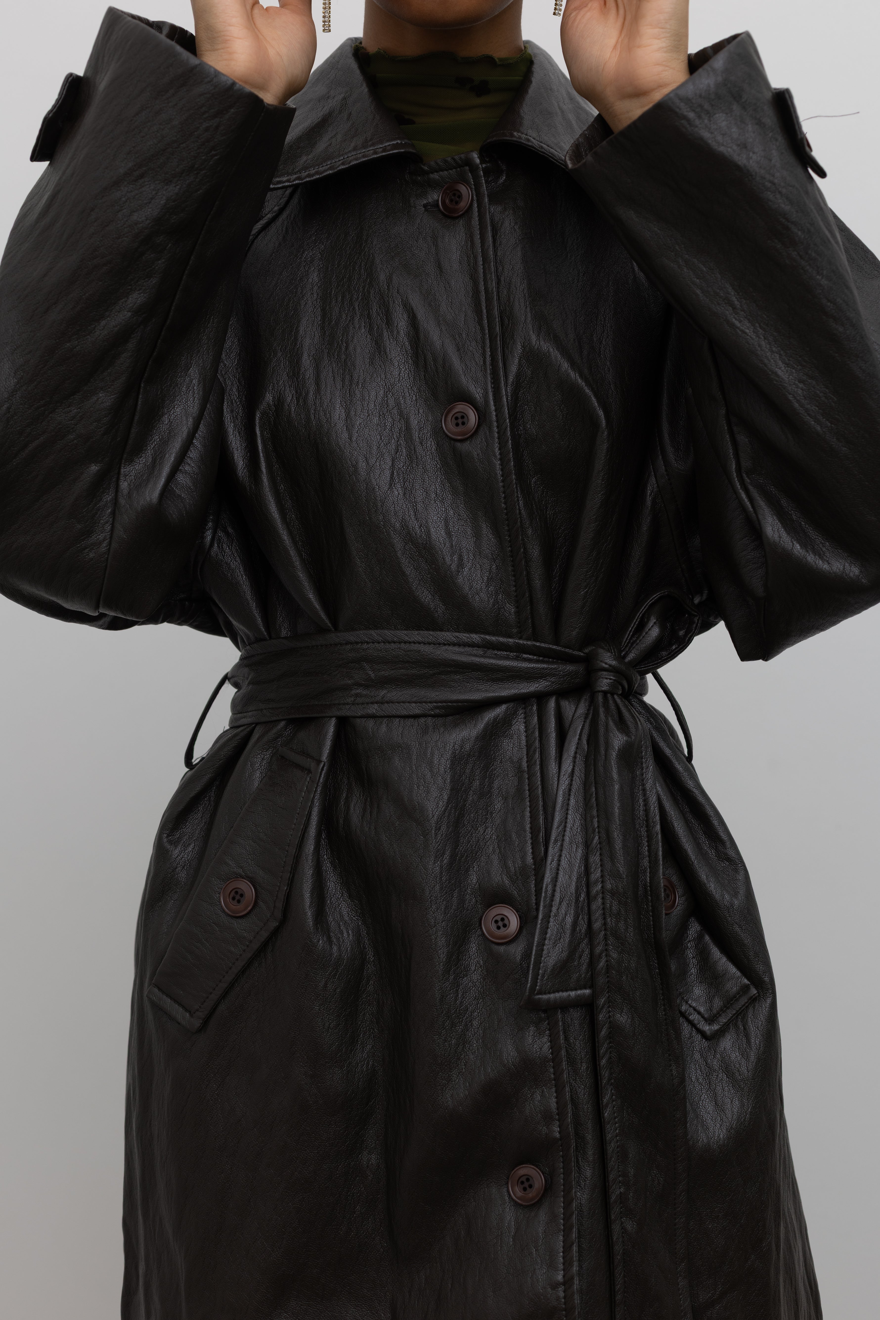 Dark Brown Long Belted Vegan Leather Jacket