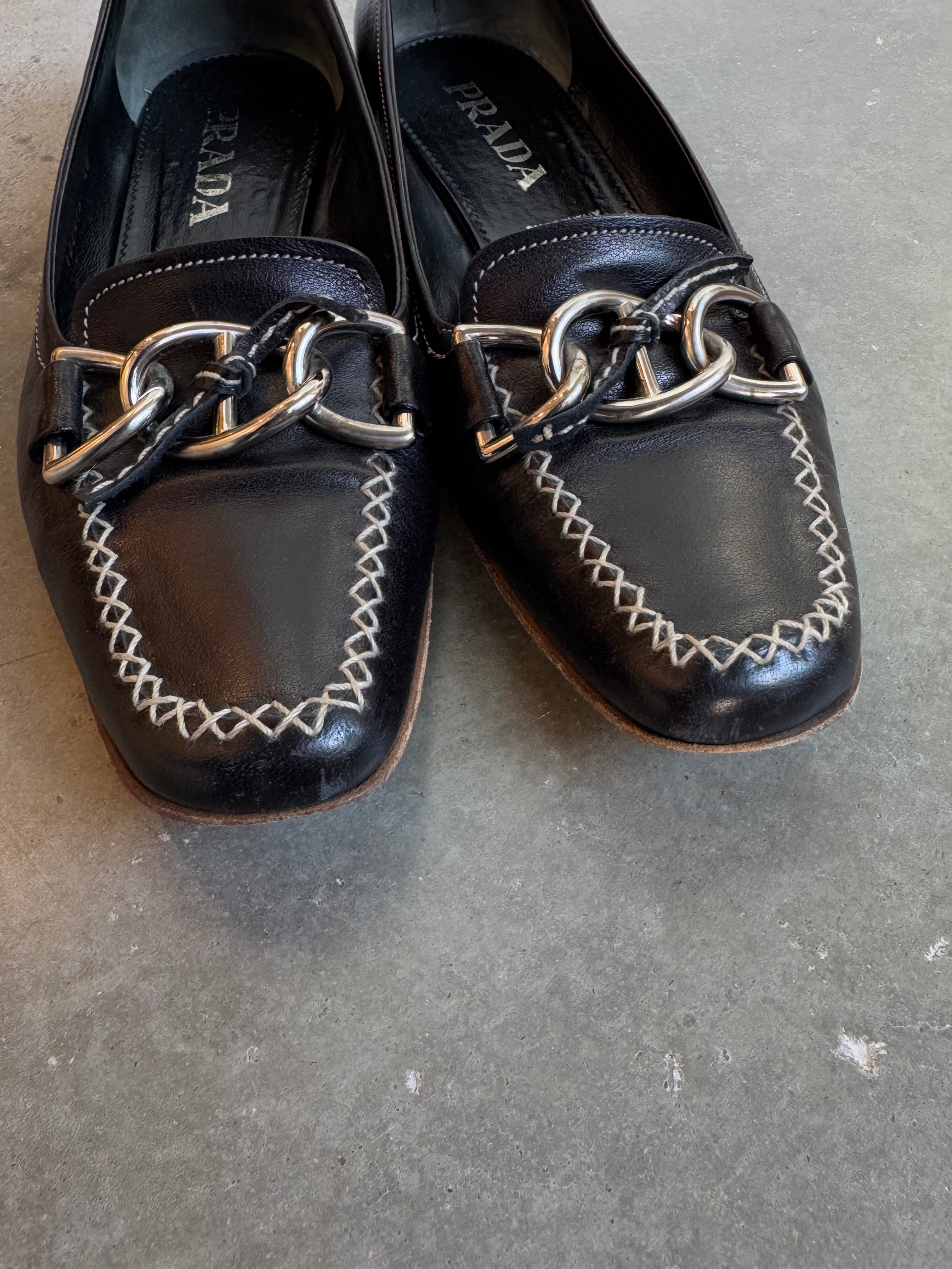 Prada Contrast Stitch Leather Buckled Flats