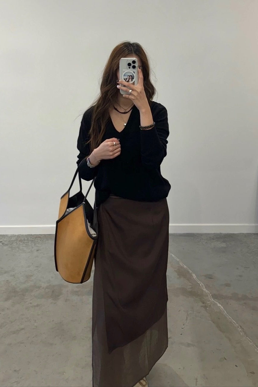 Brown Silky Layered Midi Wrap Skirt
