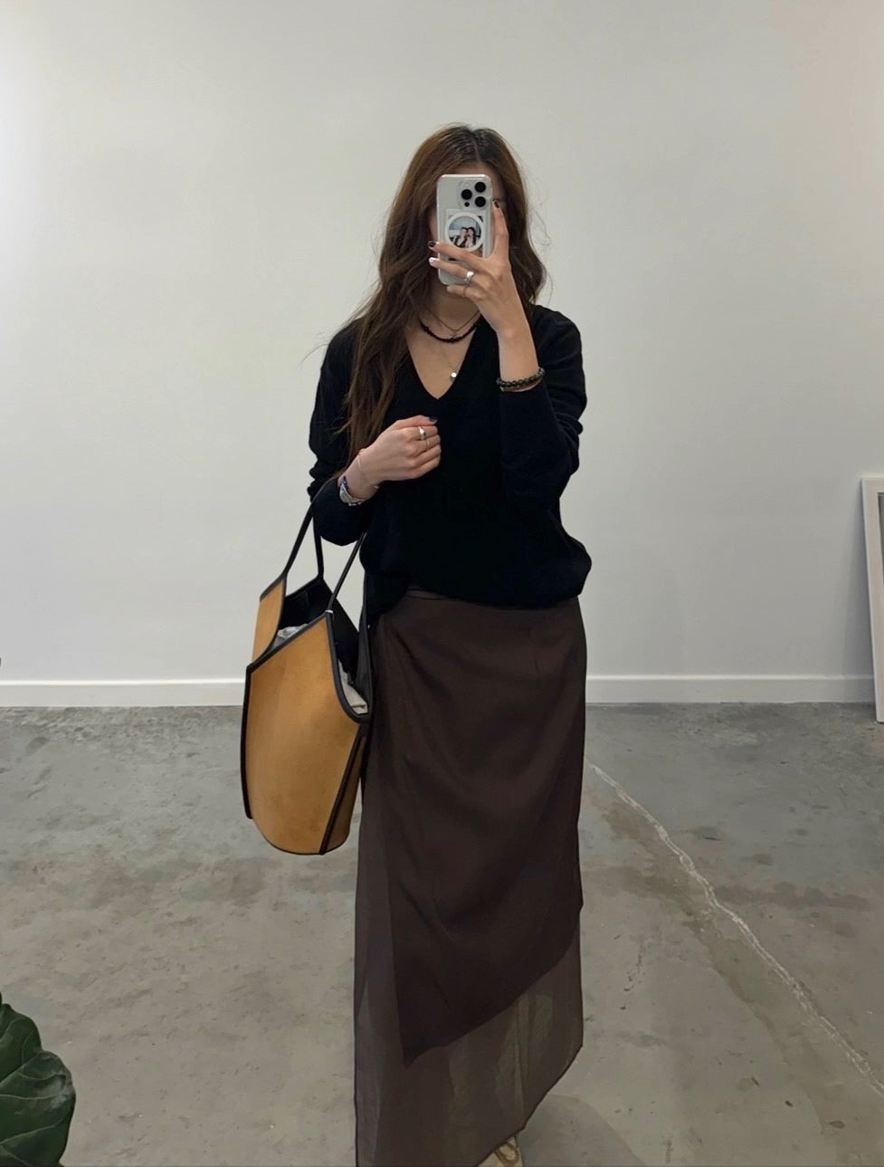 Brown Silky Layered Midi Wrap Skirt