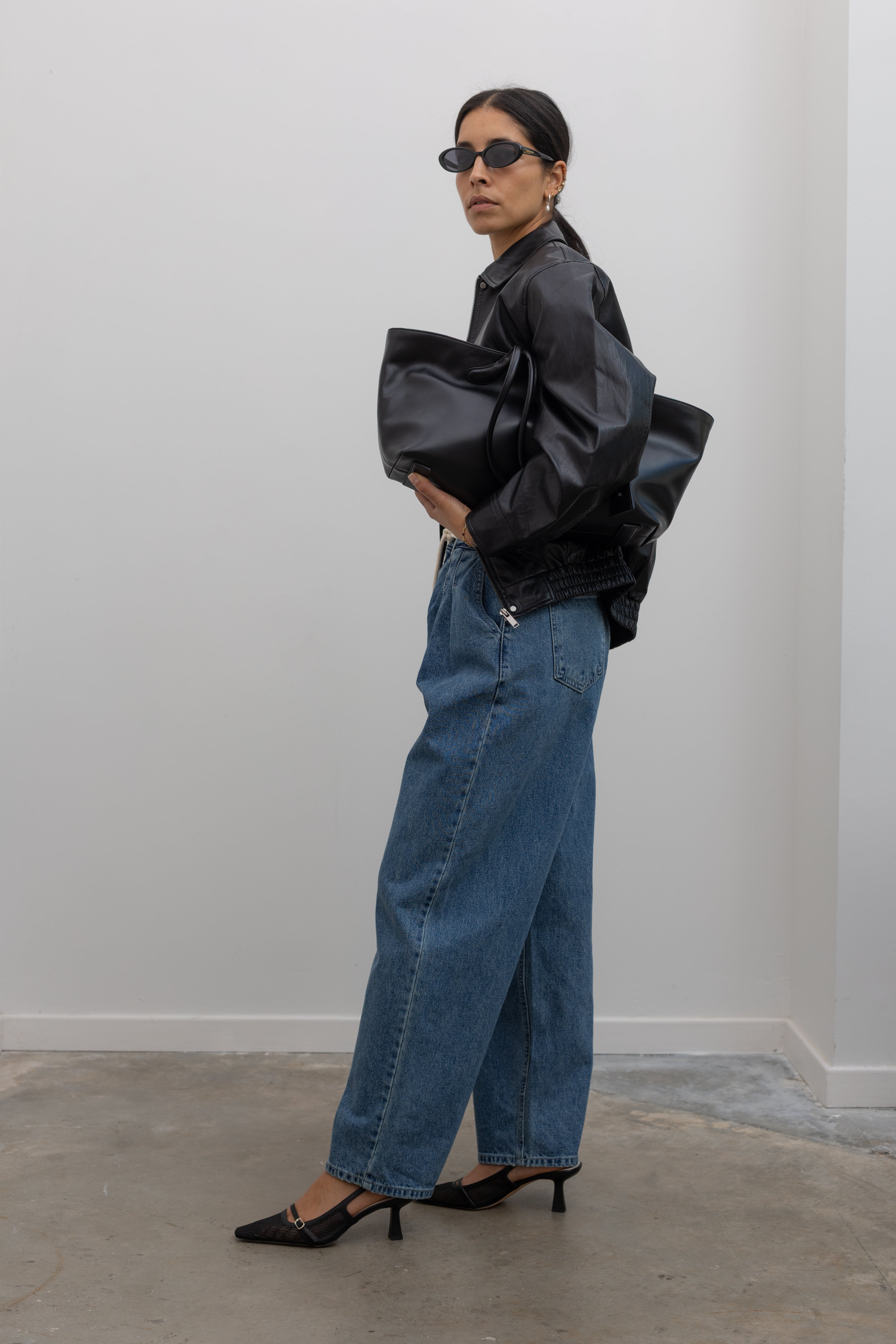 Medium Wash Pleated Drawstring Jeans