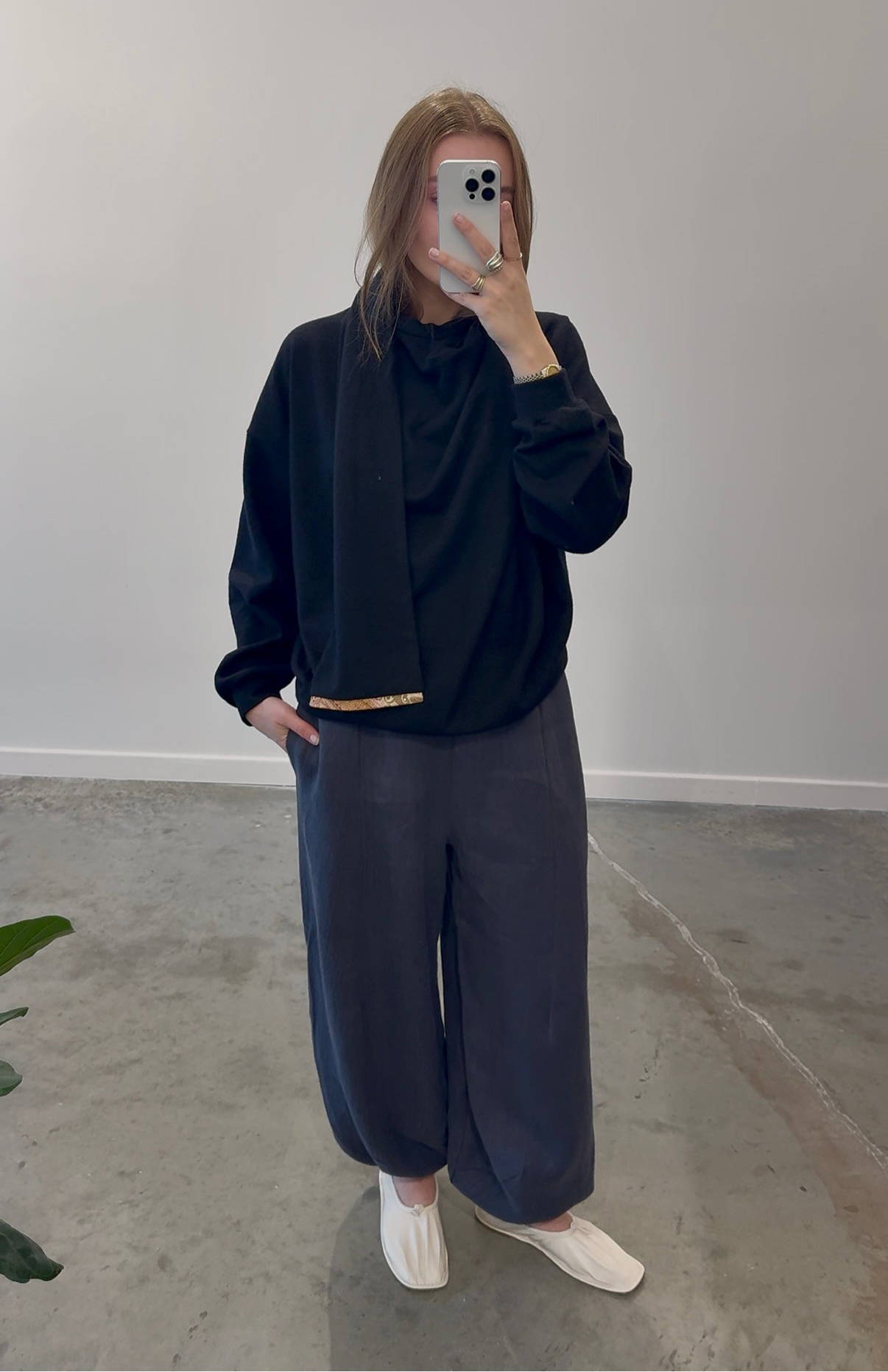 Black Wool Shawl Neck Crewneck Sweater