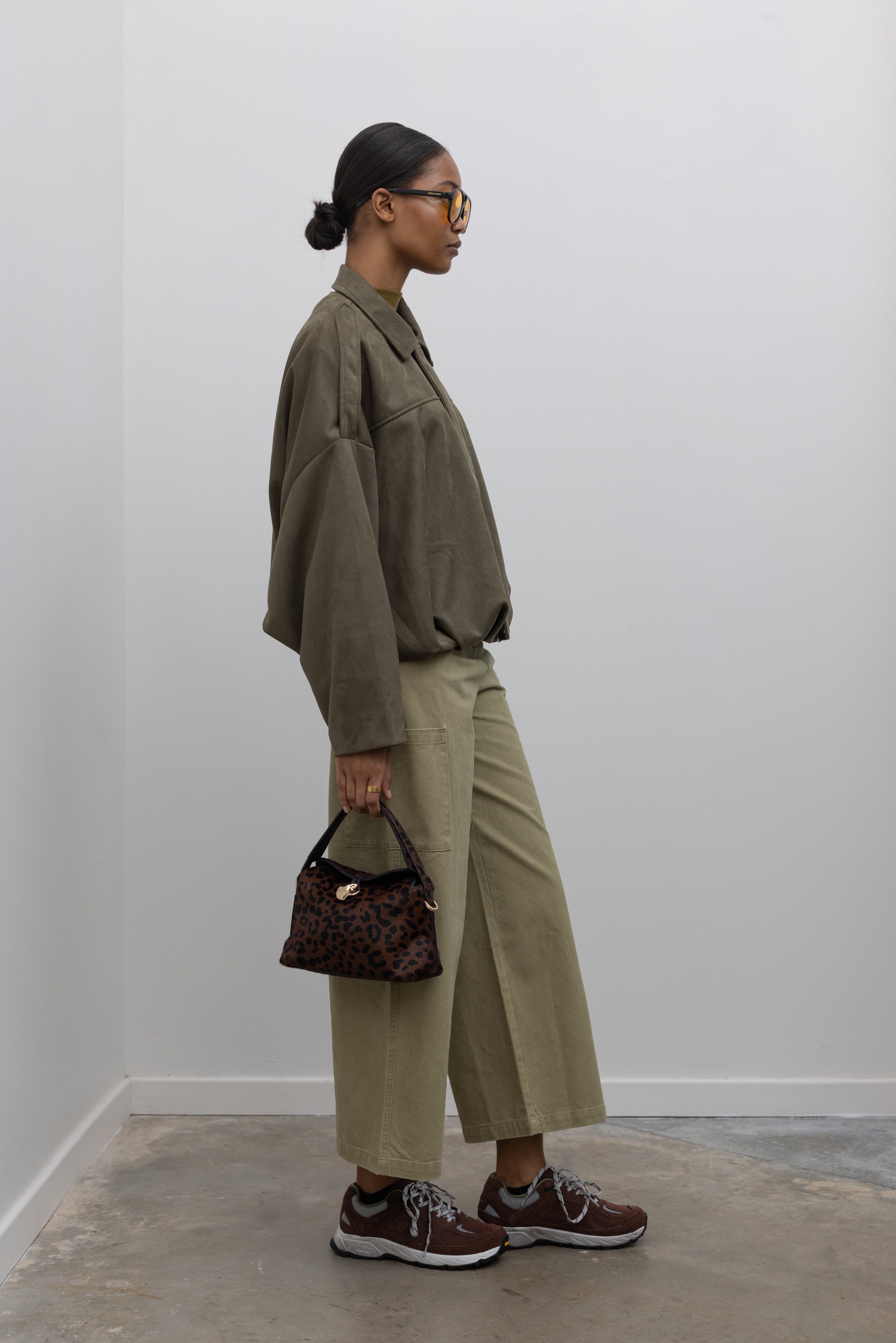 Olive Green Suede Rounded Bomber Jacket