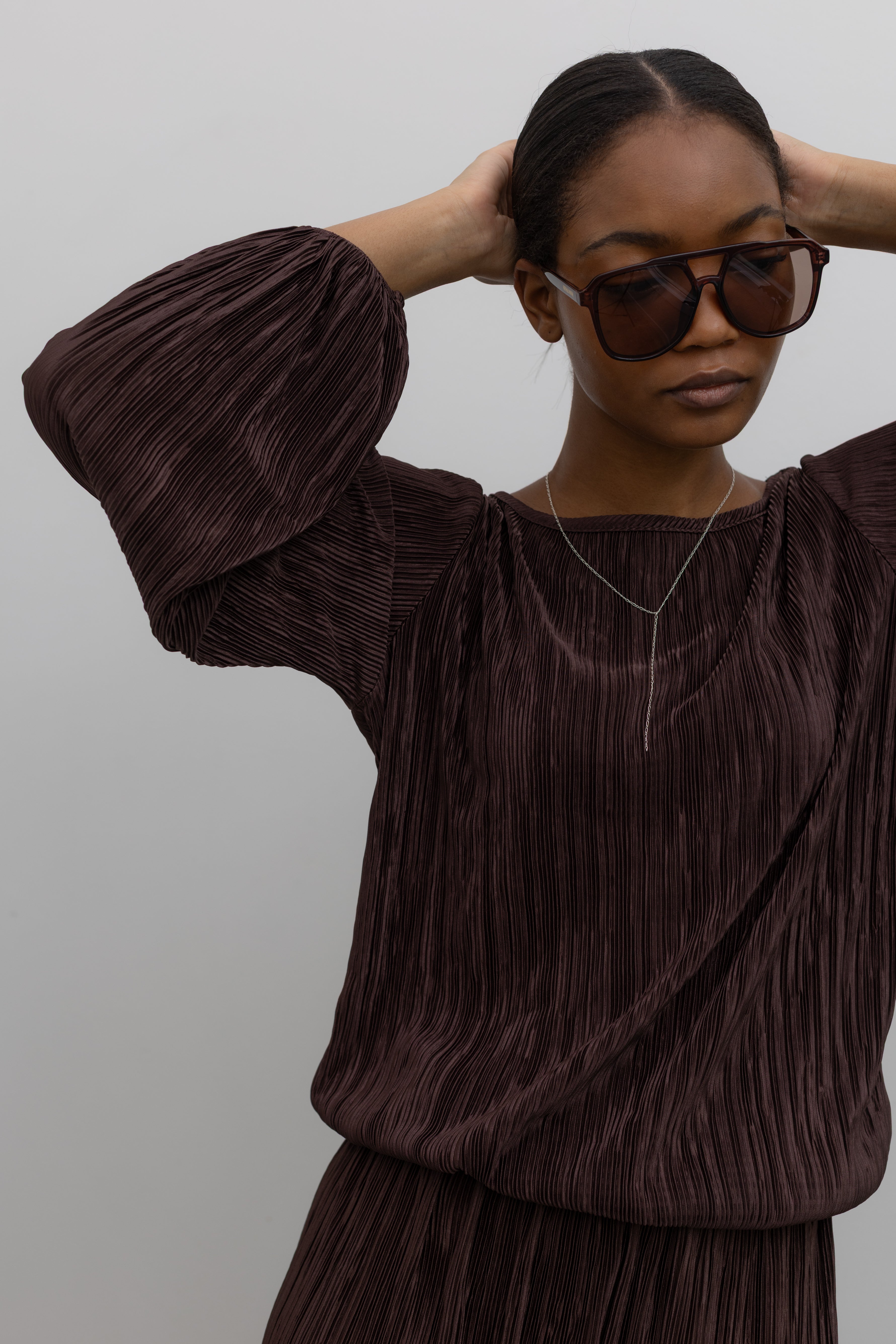 Brown Plisse Round Neck Top