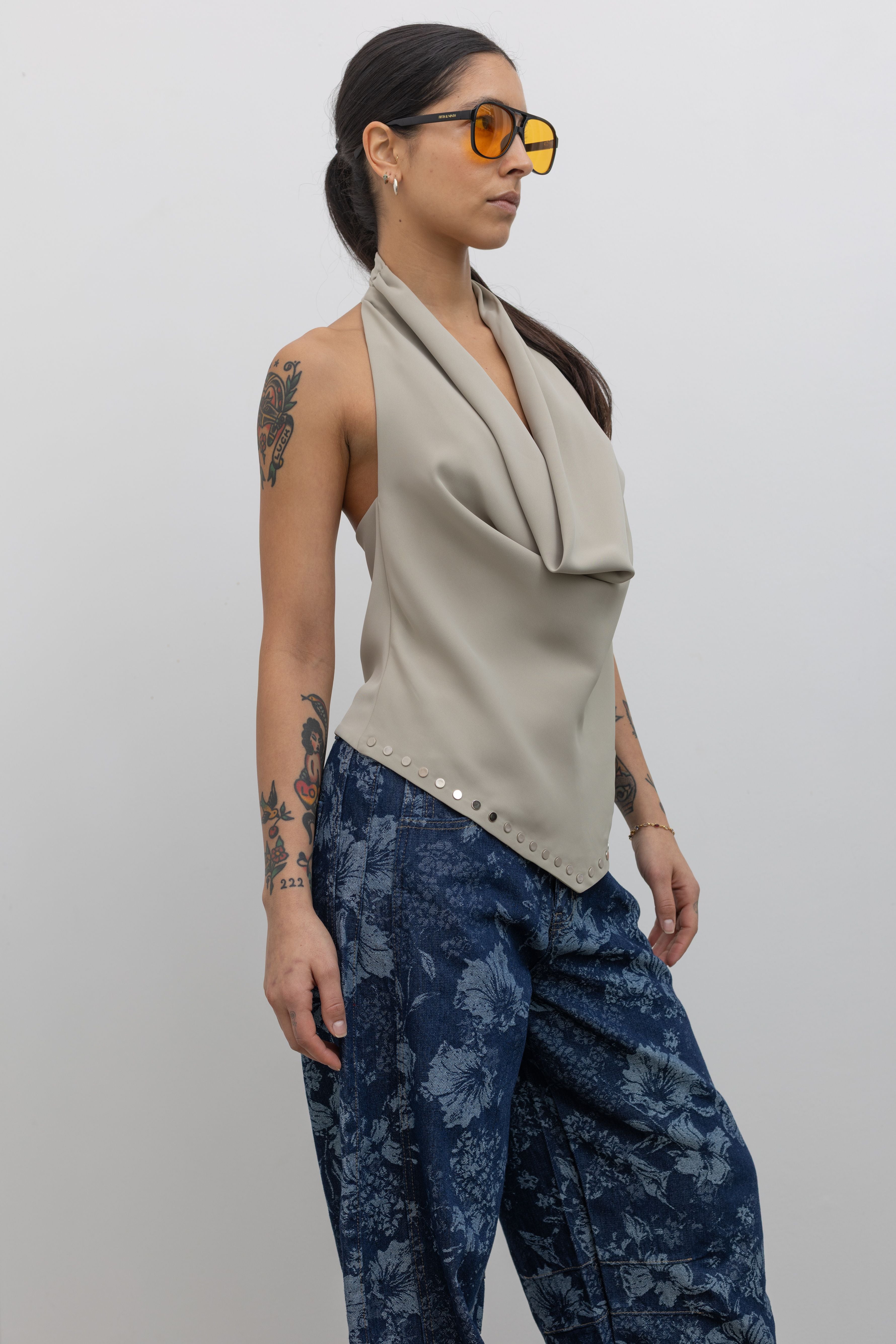 Beige Studded Halter Neck Top