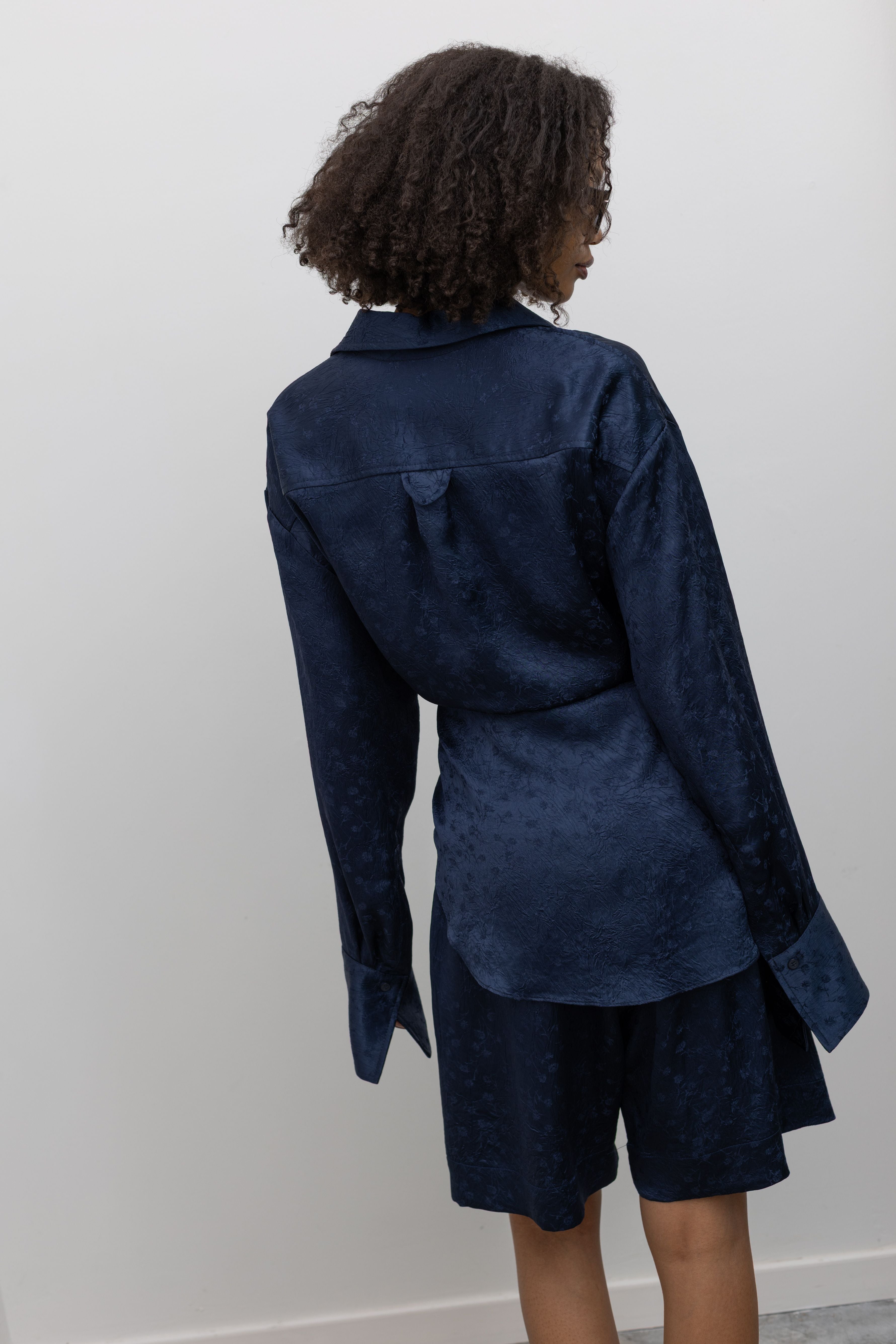 Ink Floral Jacquard Oversized Pocket Shirt with Ties