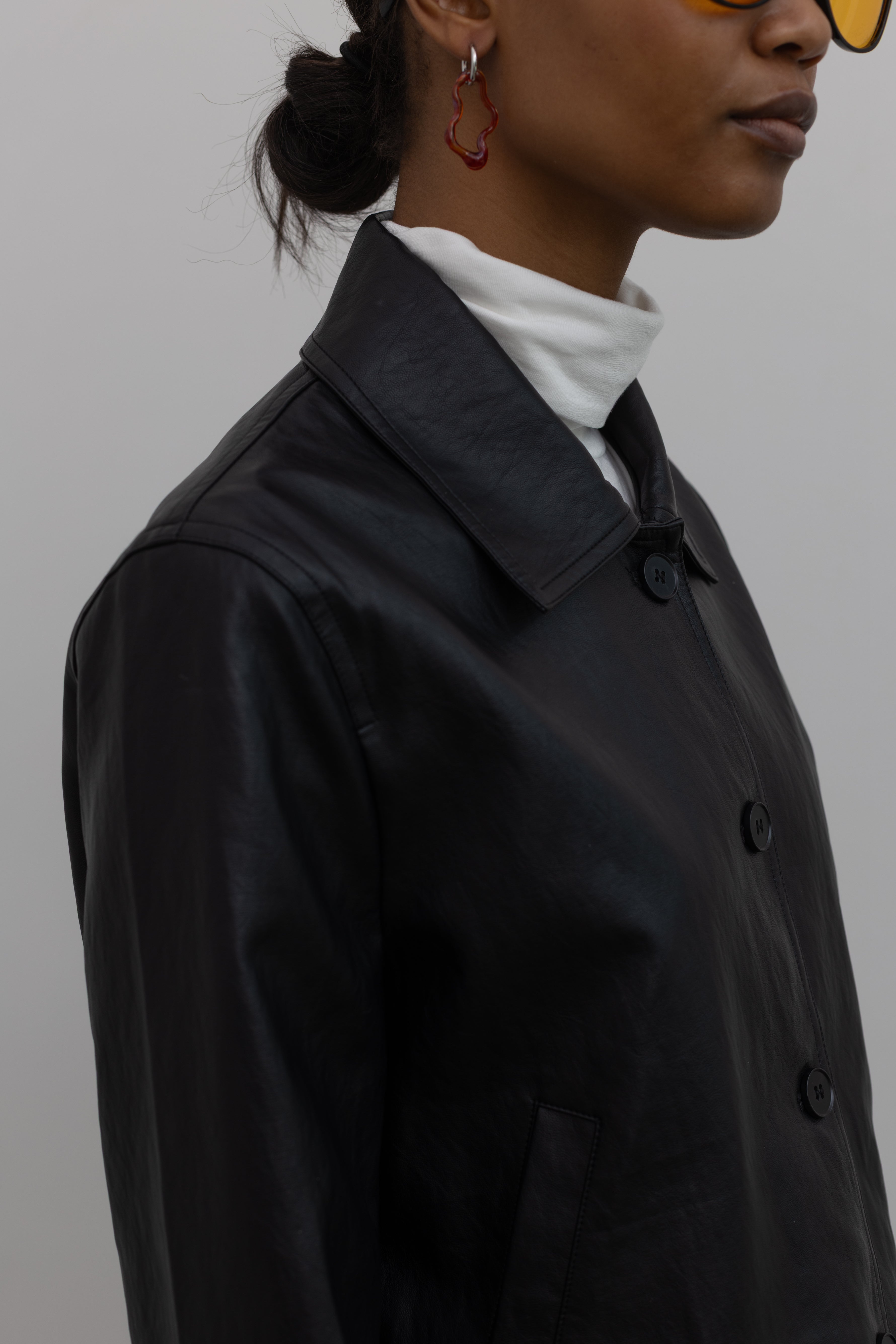 Black Cropped Vegan Leather Collared Jacket