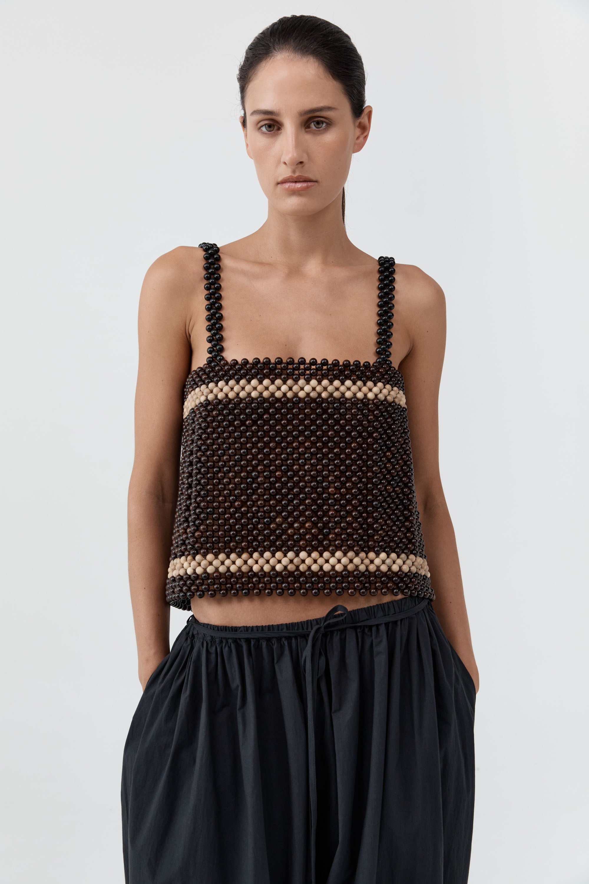 Coffee Ecru Taxi Beaded Top