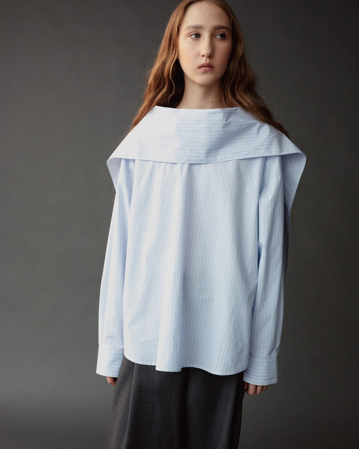Light Blue Striped Tie Neck Blouse