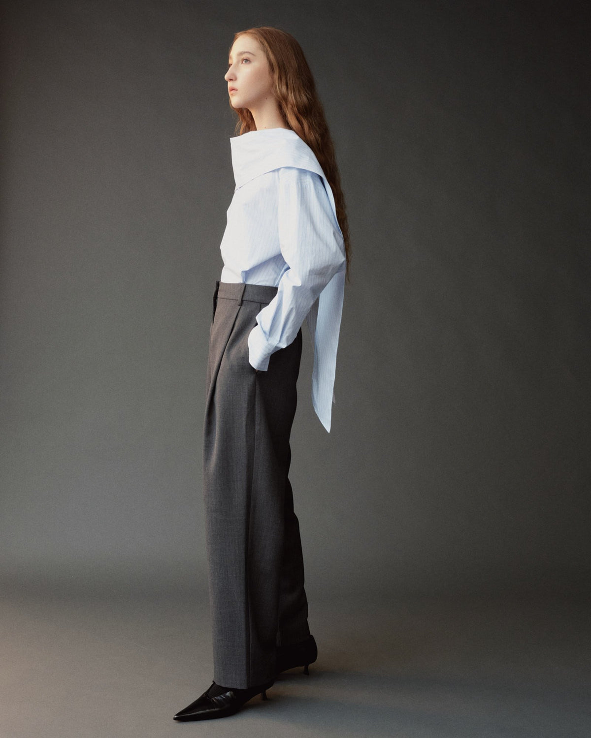 Light Blue Striped Tie Neck Blouse