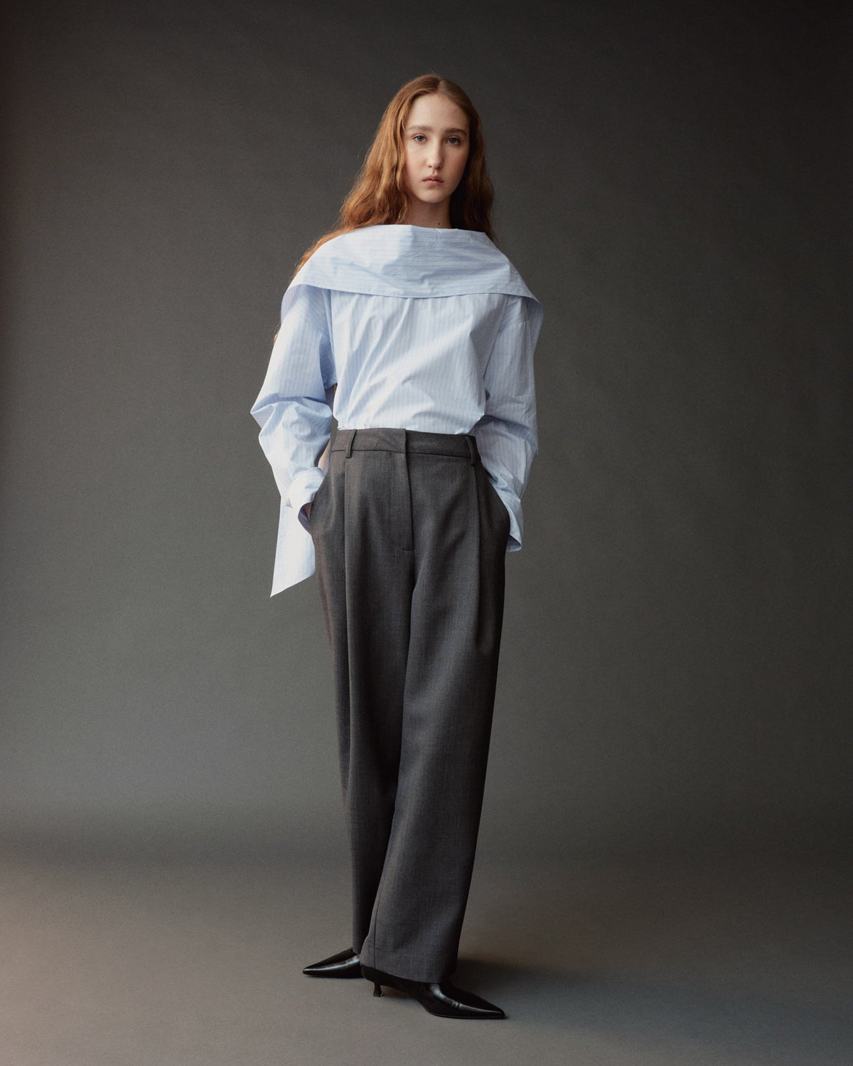 Light Blue Striped Tie Neck Blouse