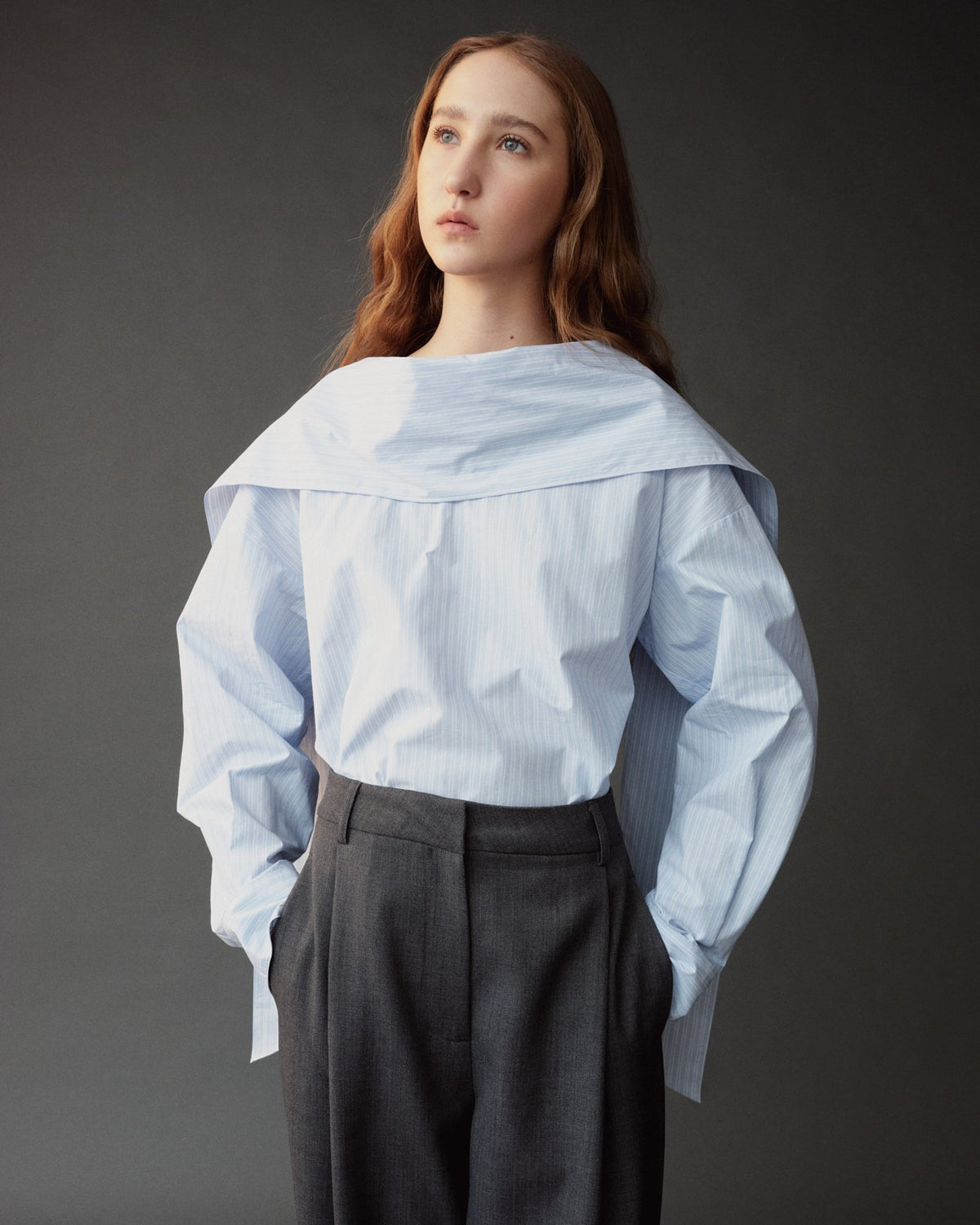 Light Blue Striped Tie Neck Blouse