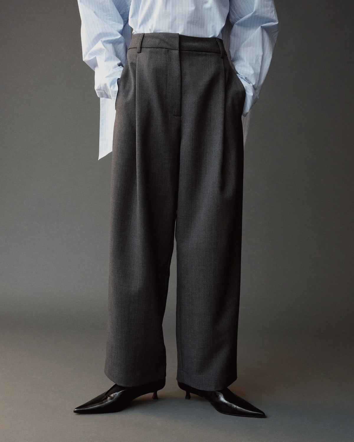 Charcoal Wool Blend Pleated Tailored Pants