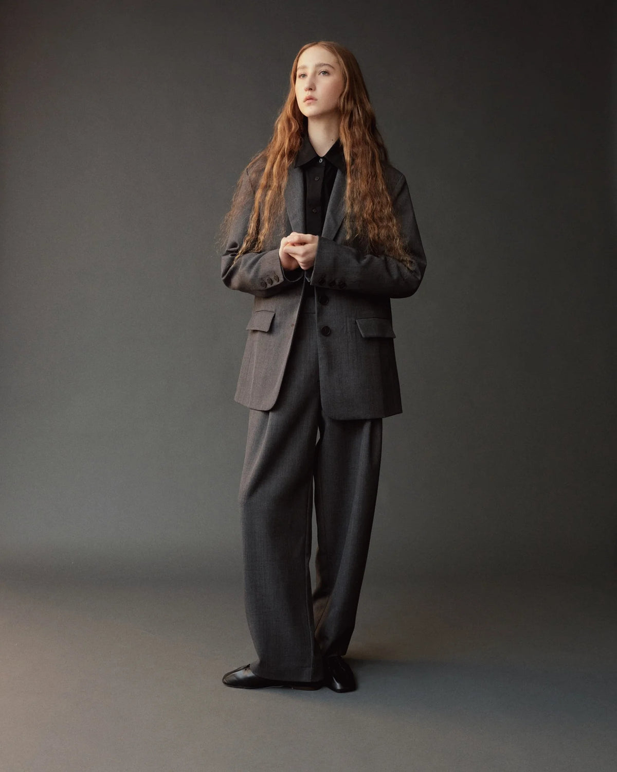 Charcoal Wool Blend Pleated Tailored Pants