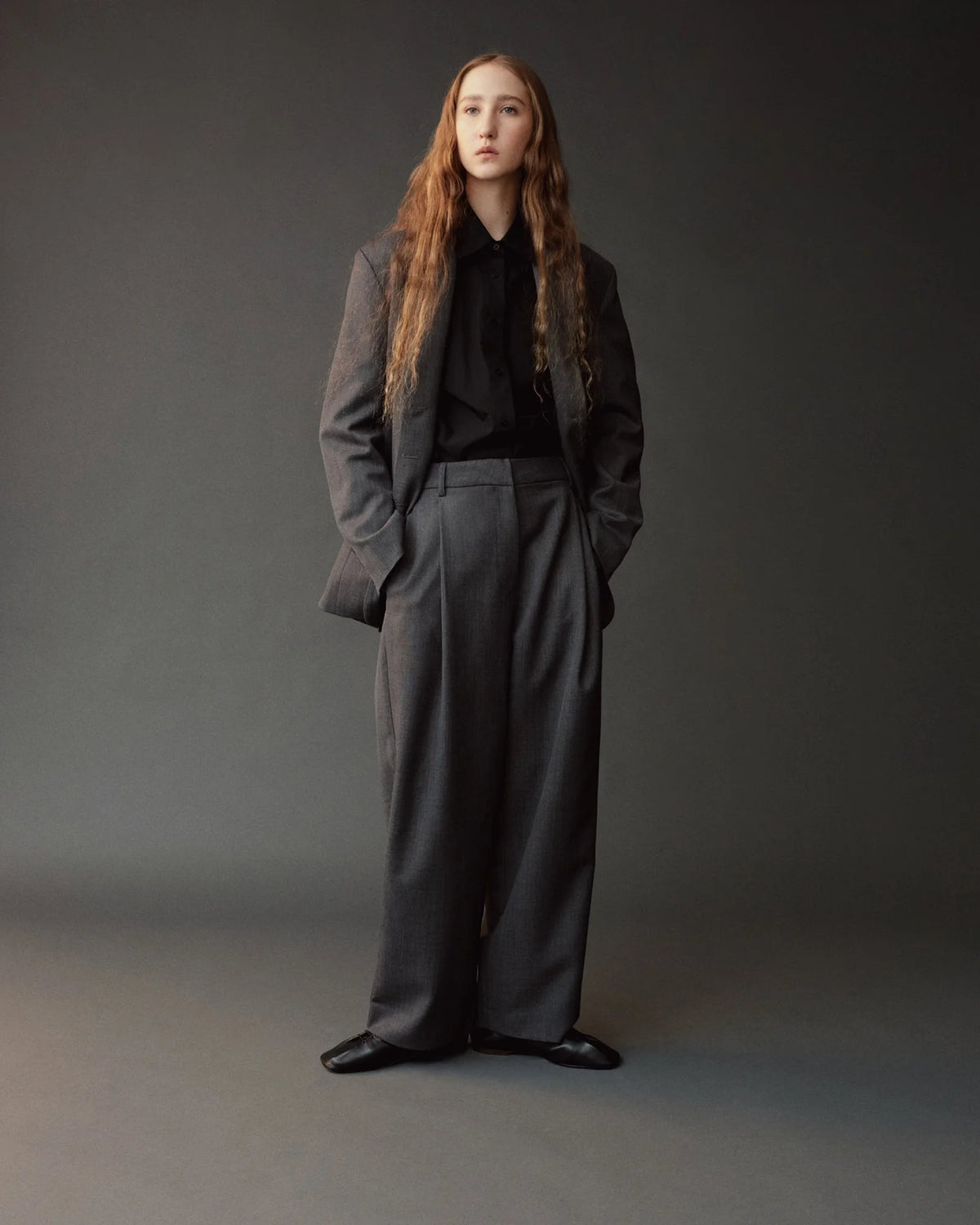 Charcoal Wool Blend Pleated Tailored Pants