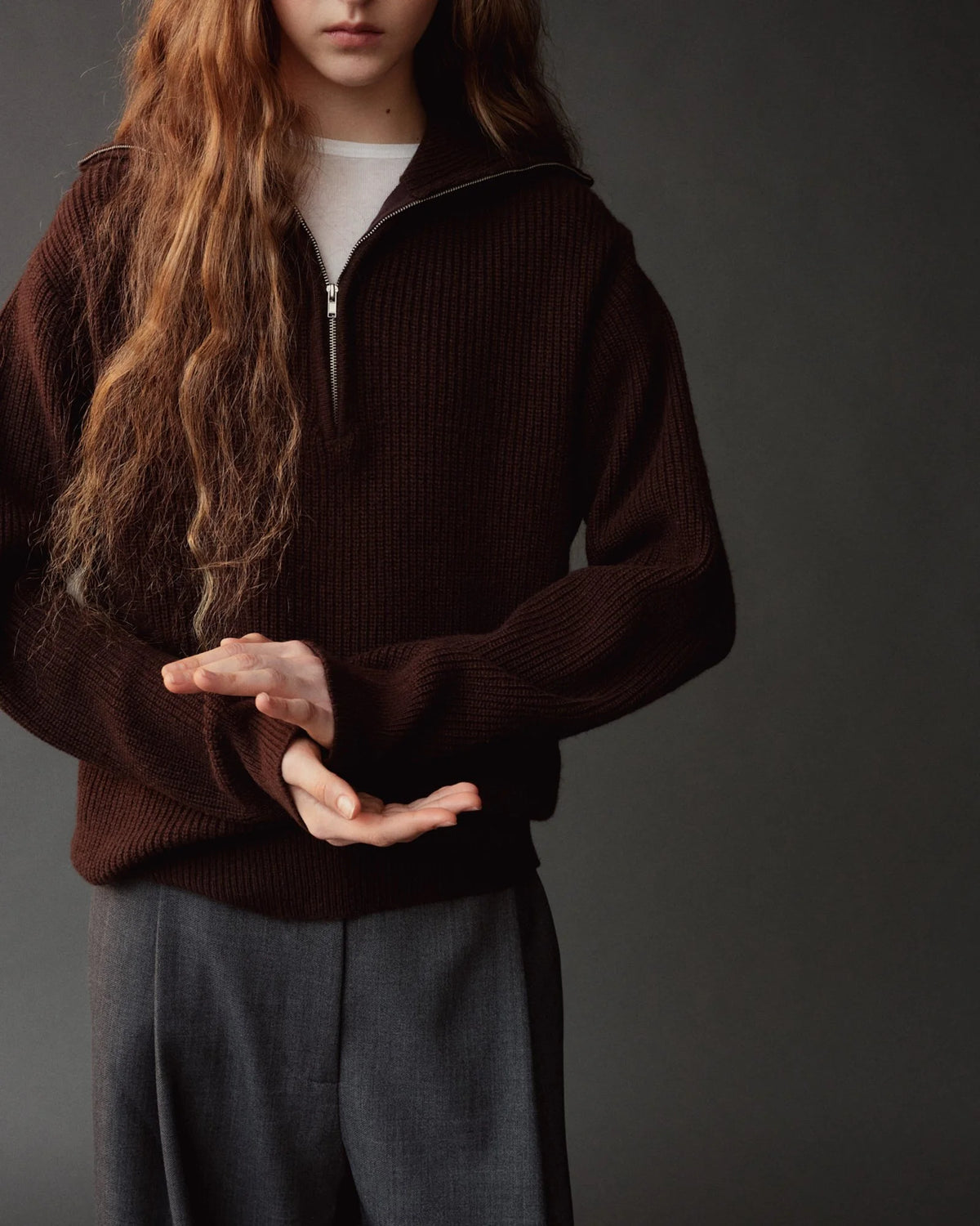 Brown Ribbed Half Zip Sweater