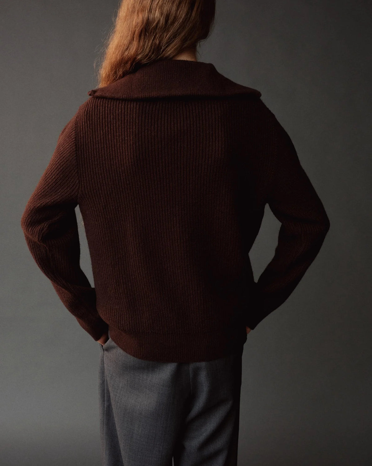 Brown Ribbed Half Zip Sweater