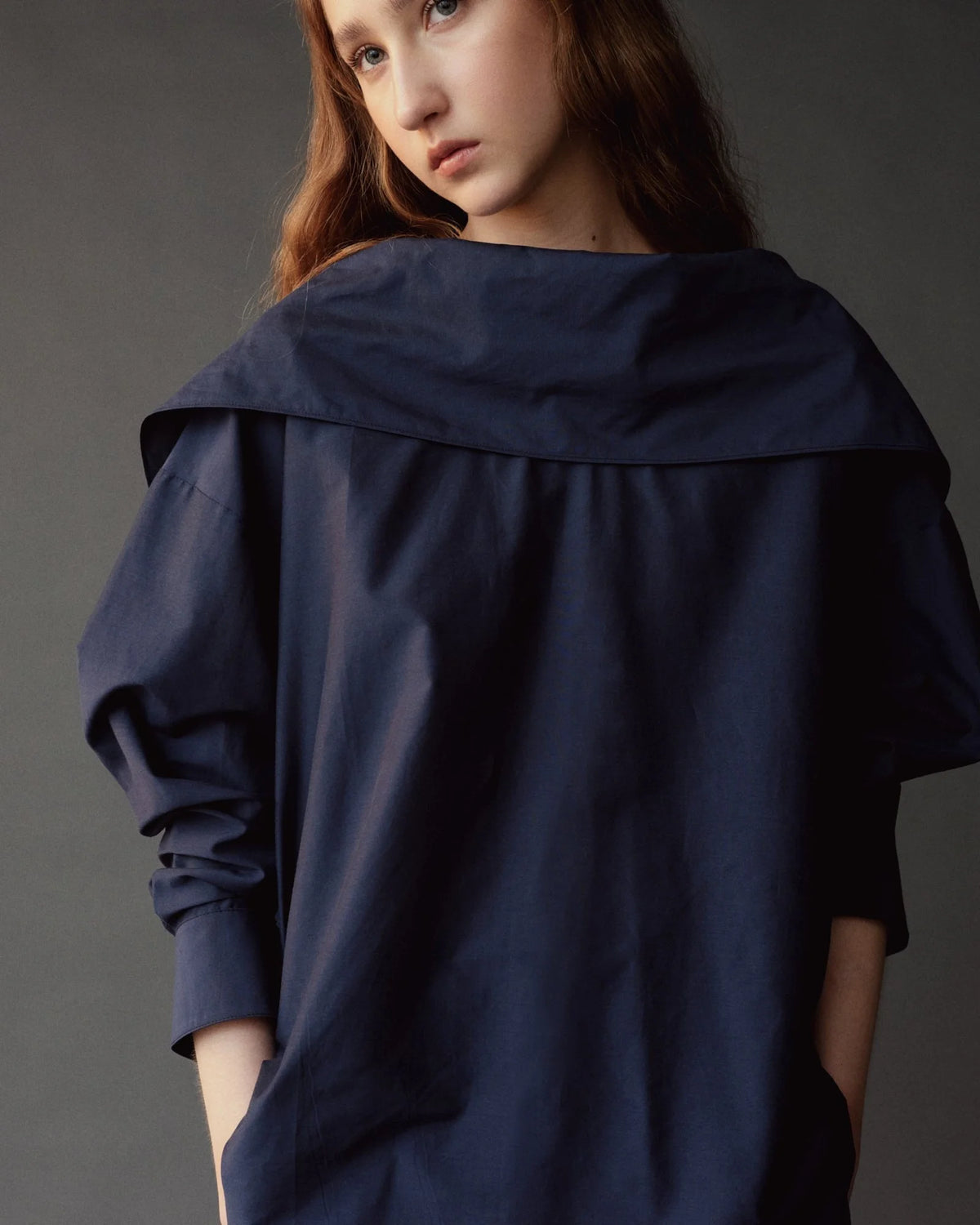 Navy Silk Blend Tie-Neck Blouse