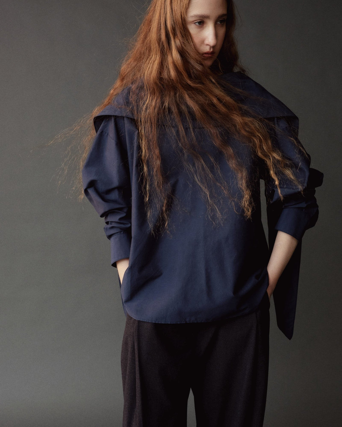 Navy Silk Blend Tie-Neck Blouse