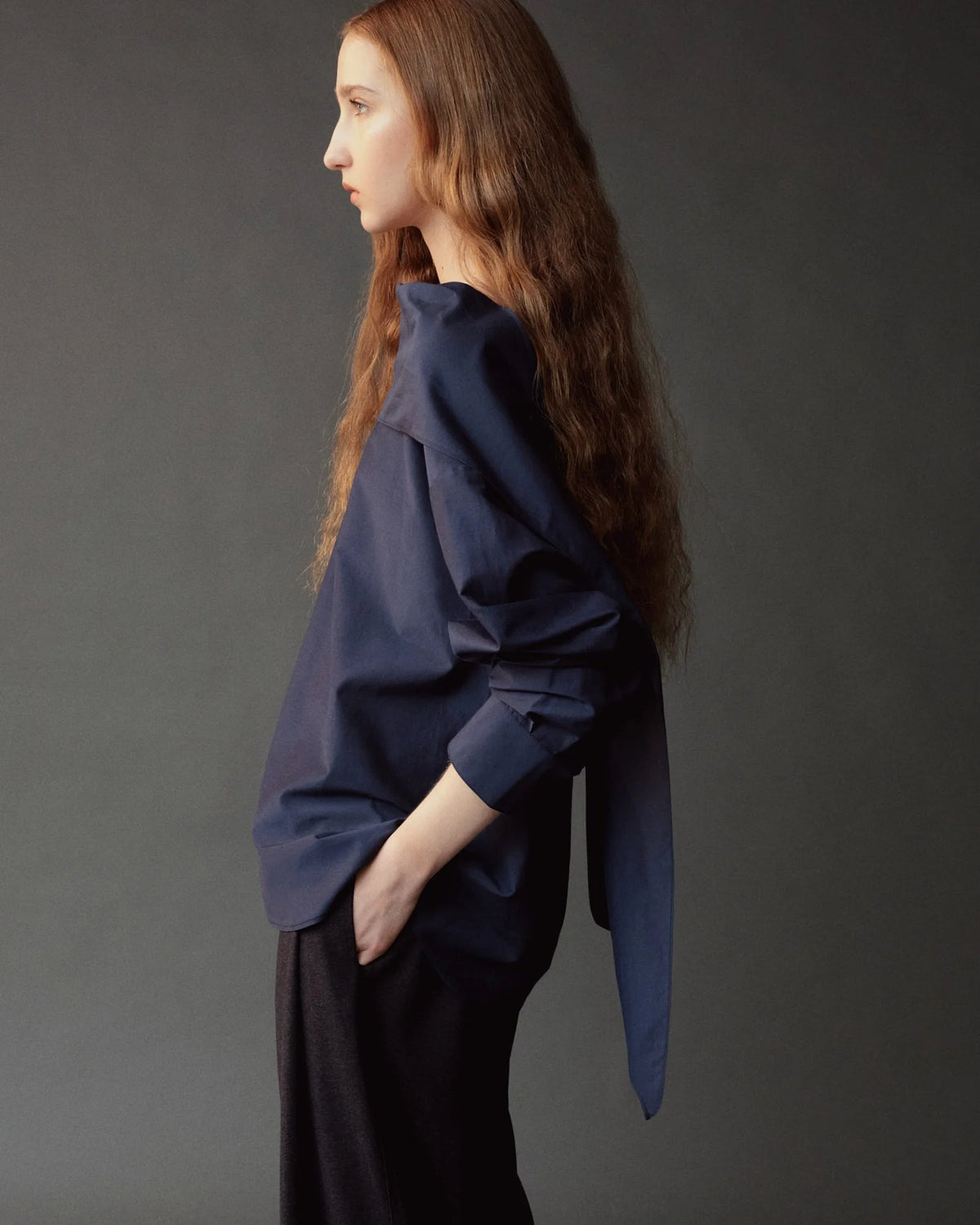 Navy Silk Blend Tie-Neck Blouse