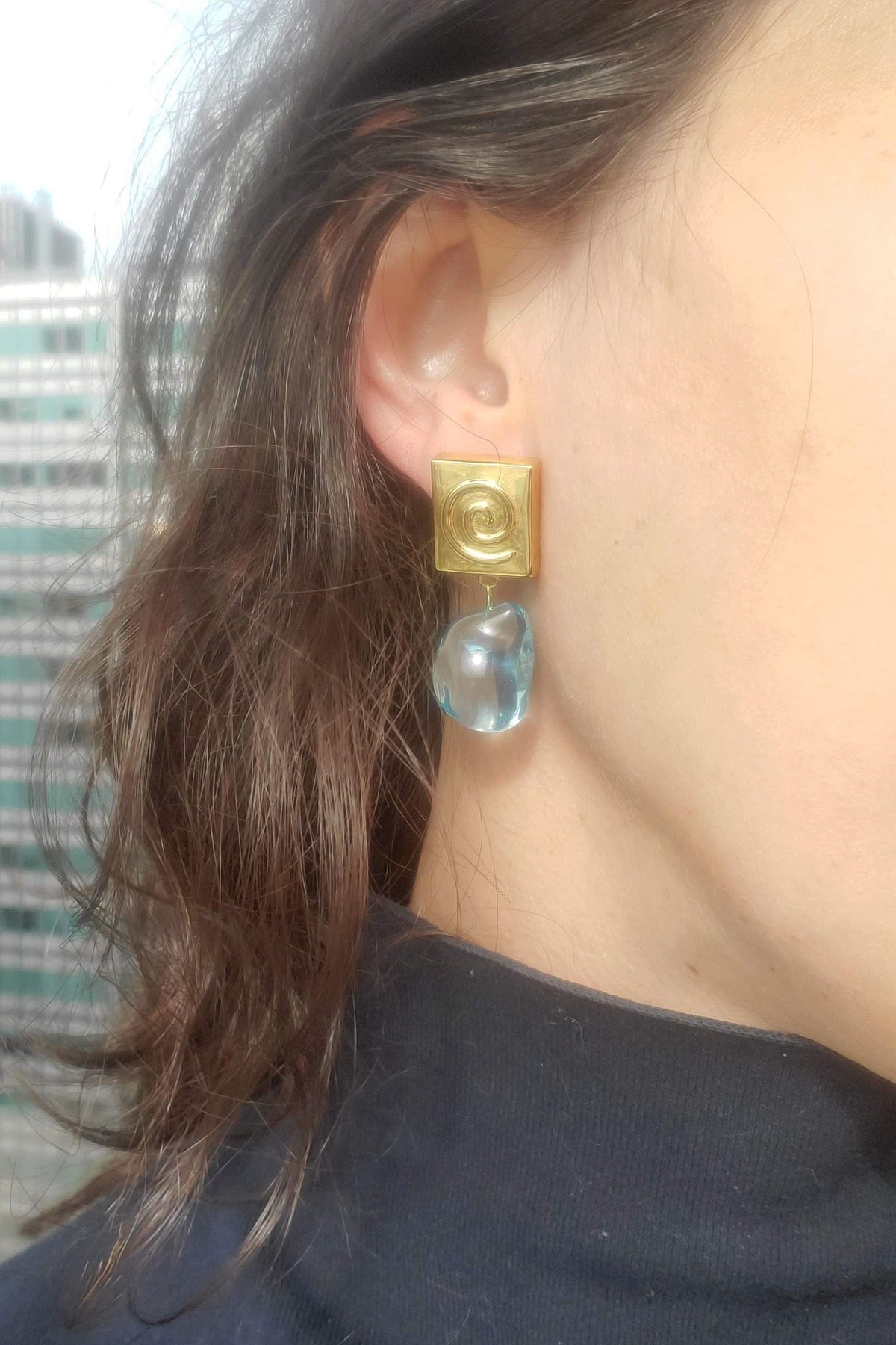Gold Spiral Blue Crystal Drop Earring