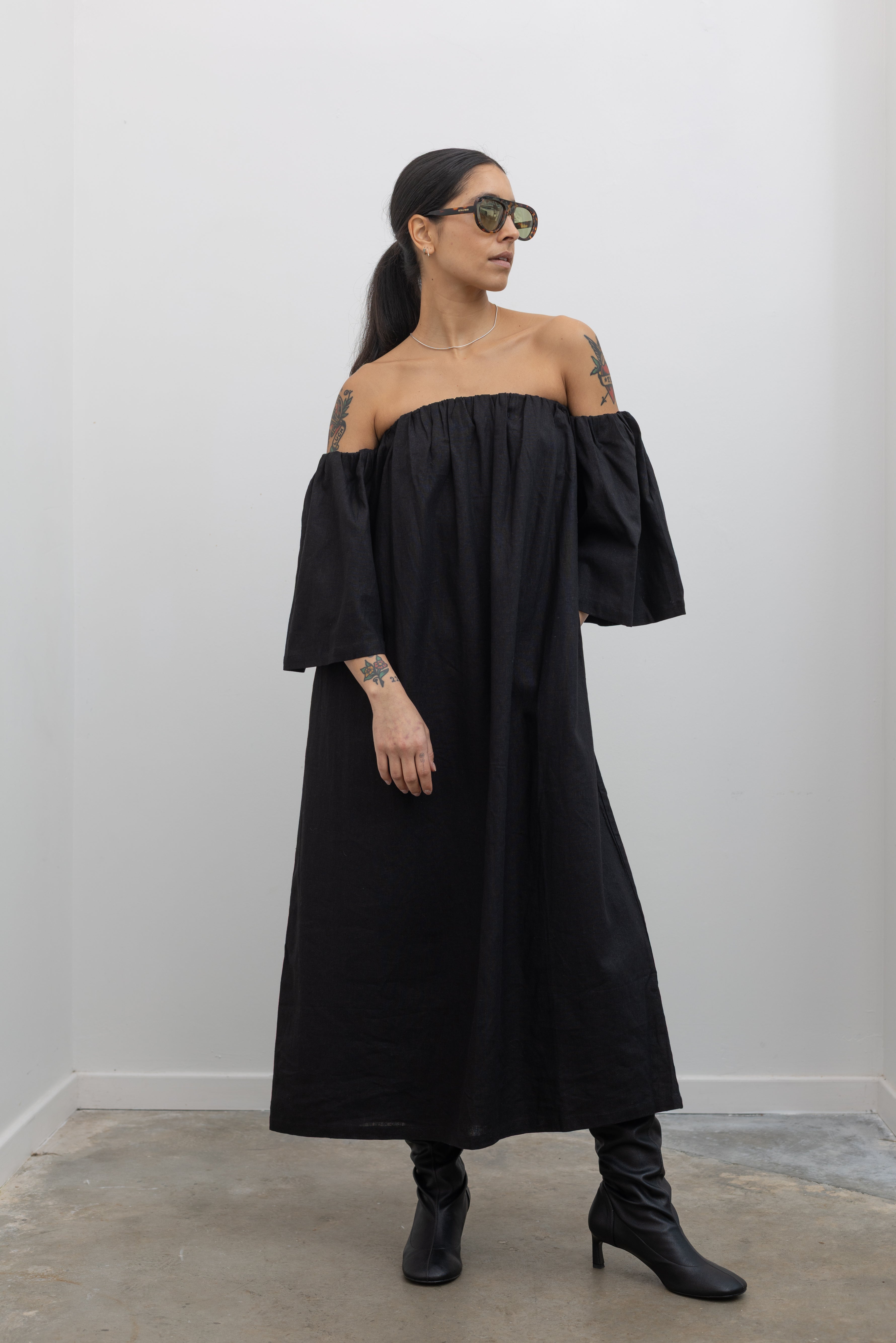 Black Linen Off The Shoulder Midi Dress