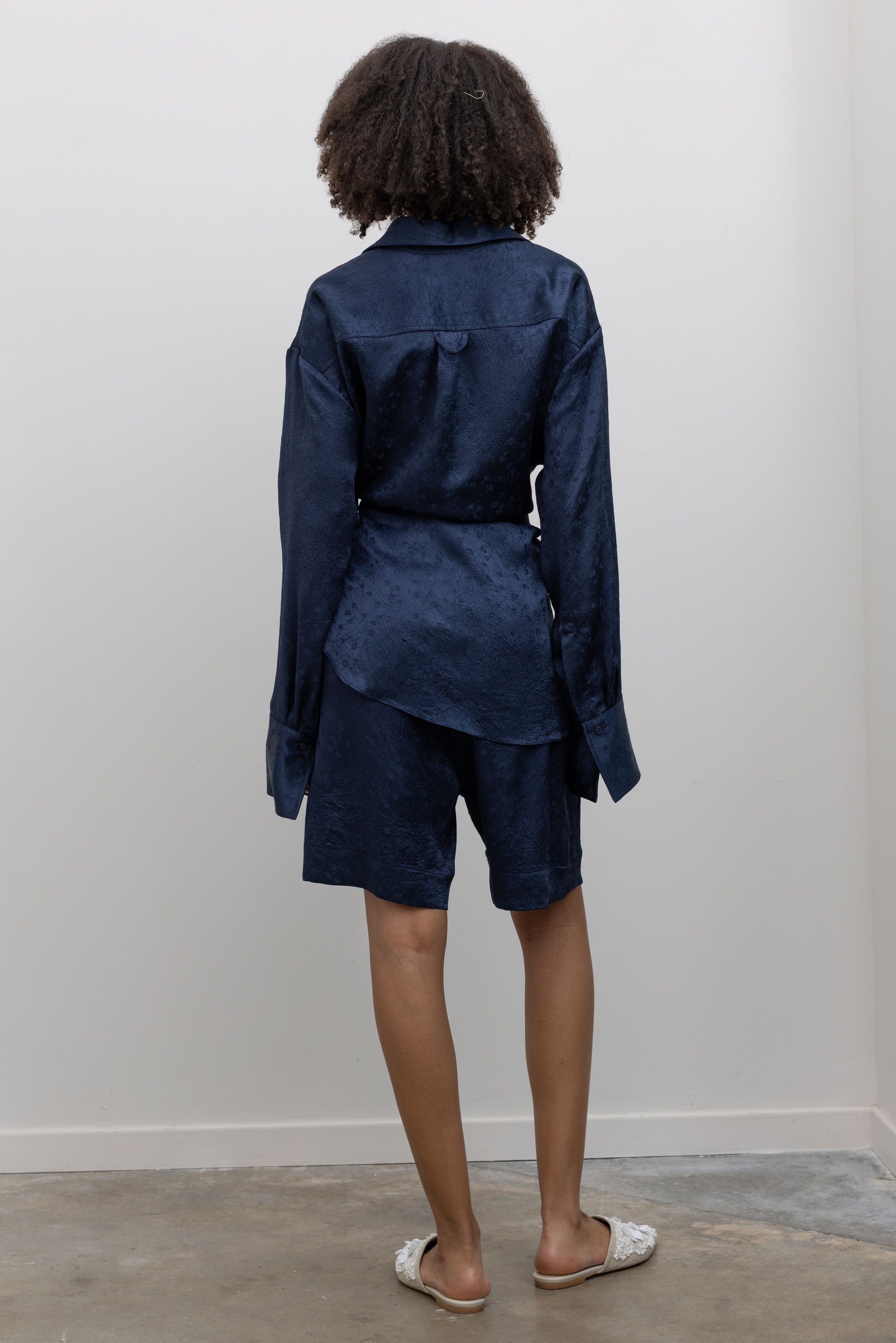 Ink Floral Jacquard Oversized Pocket Shirt with Ties