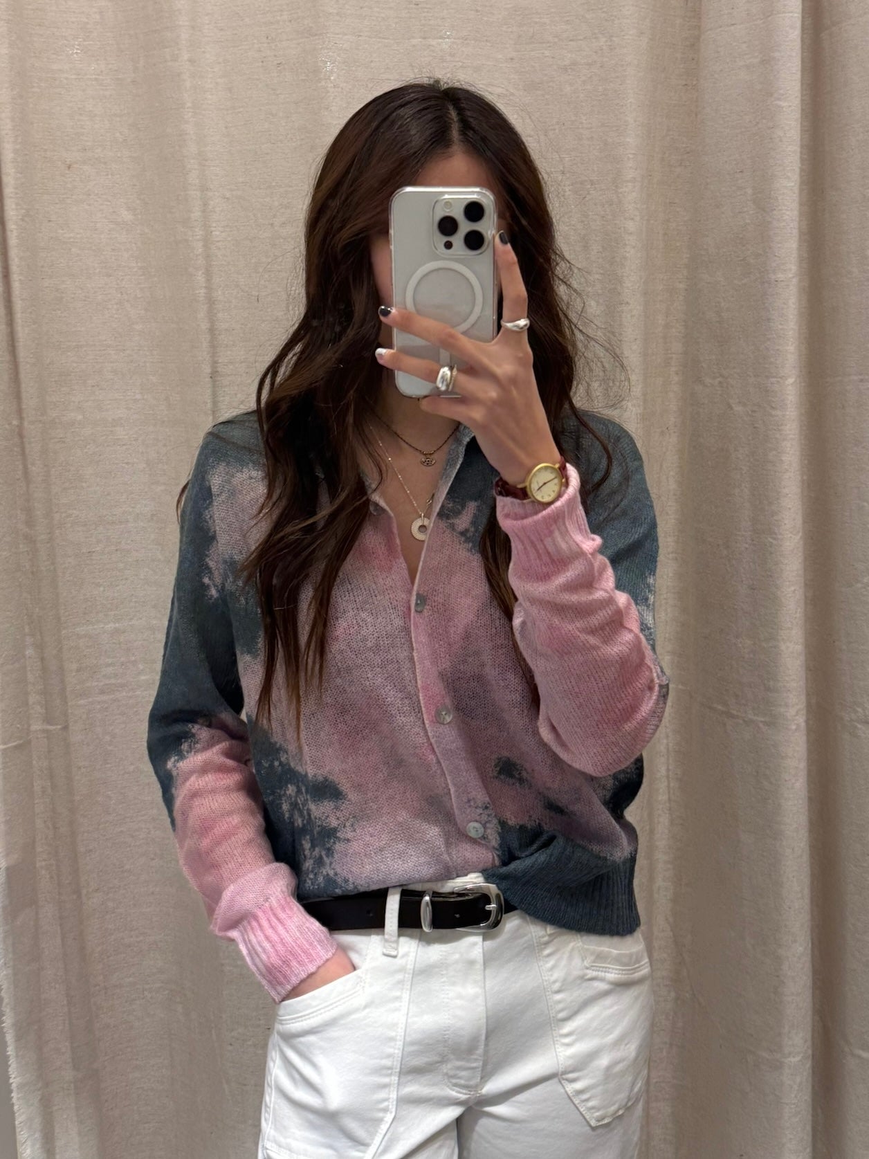 Grey And Pink Tie Dye Marbled Cardigan