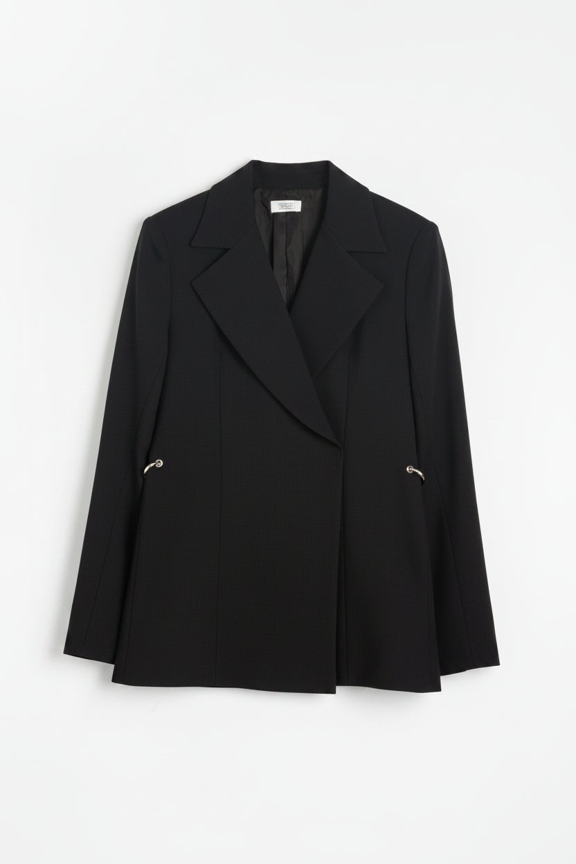 Black Crepe Double Breasted Jacket with Side Slits