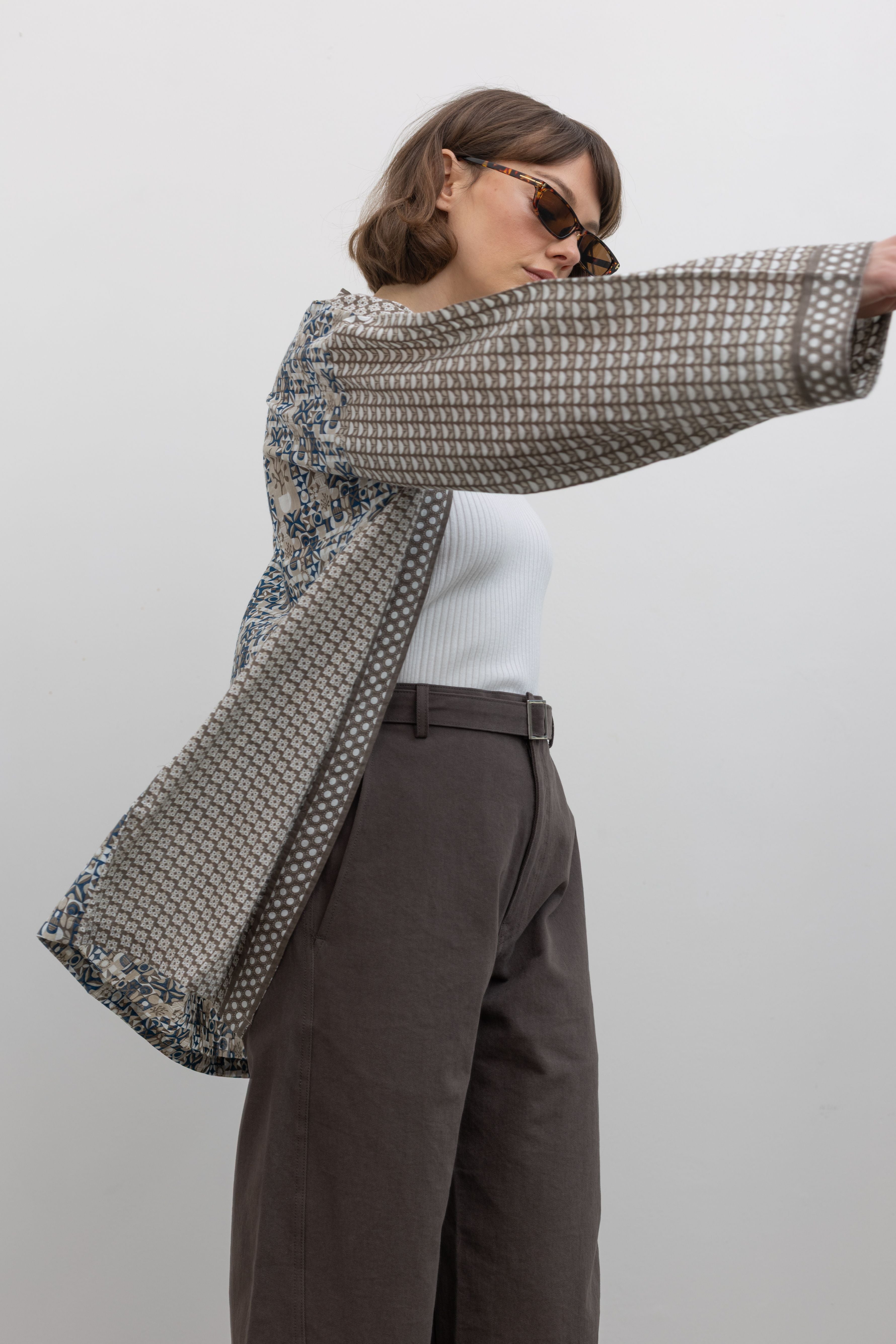 Khaki Printed Cotton Kimono Wrap Top